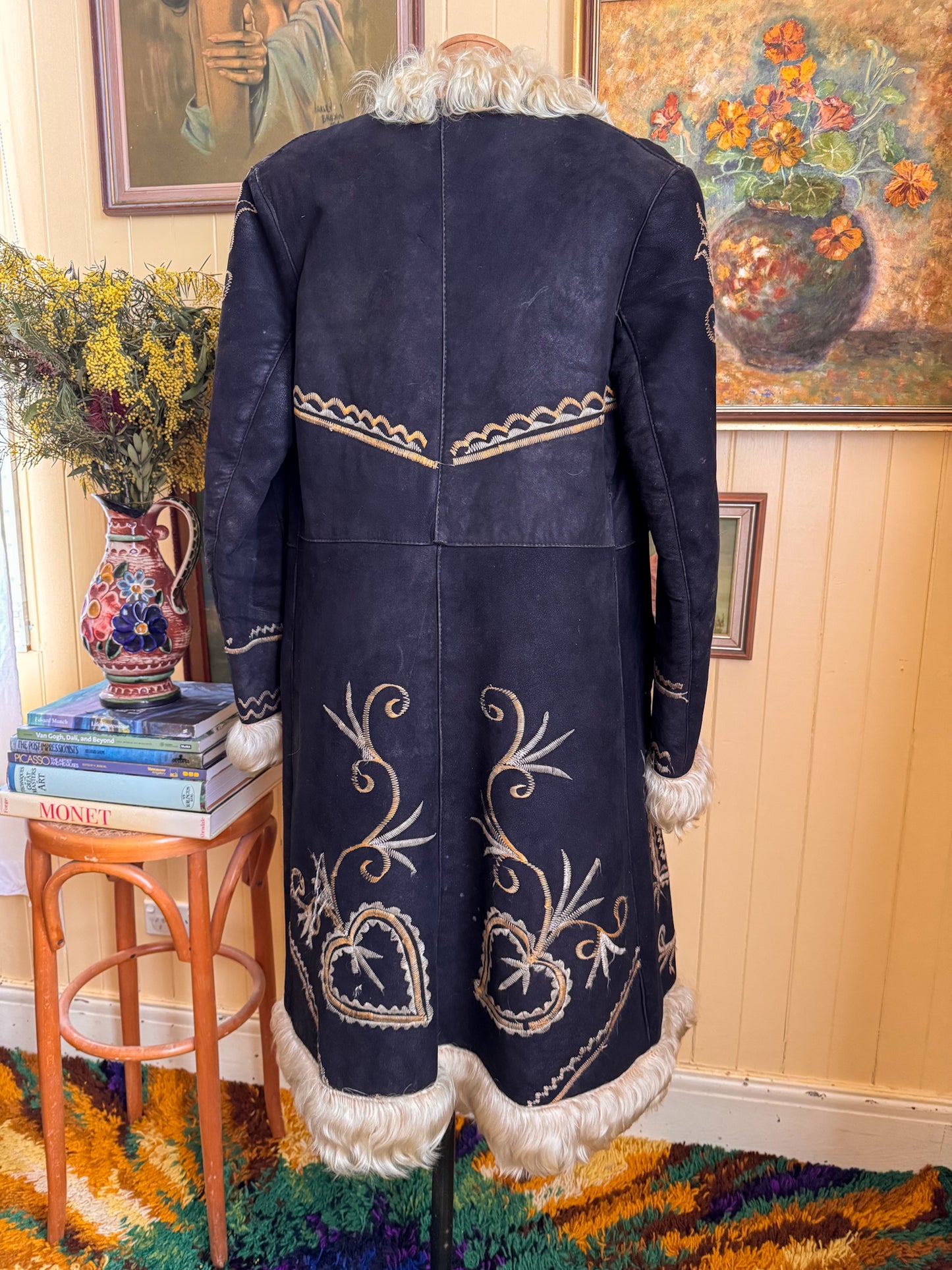 VINTAGE 1960S RARE AFGHAN SUEDE LEATHER MONGOLIAN WOOL PENNY LANE EMBROIDERED LONG COAT S