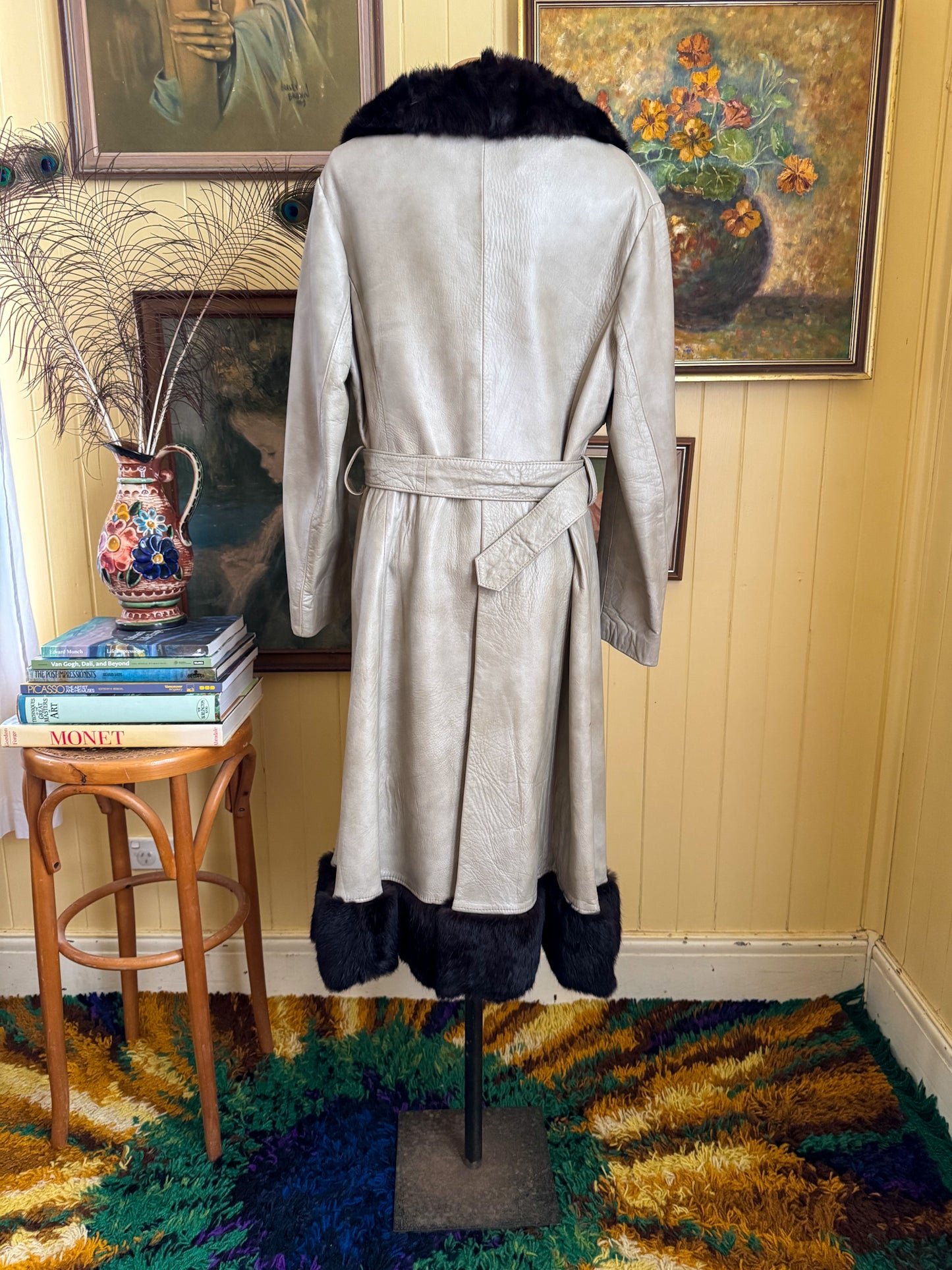 VINTAGE 1970S STEPHEN DATTNER LEATHER FUR TRIM PENNY LANE LONG COAT M/L
