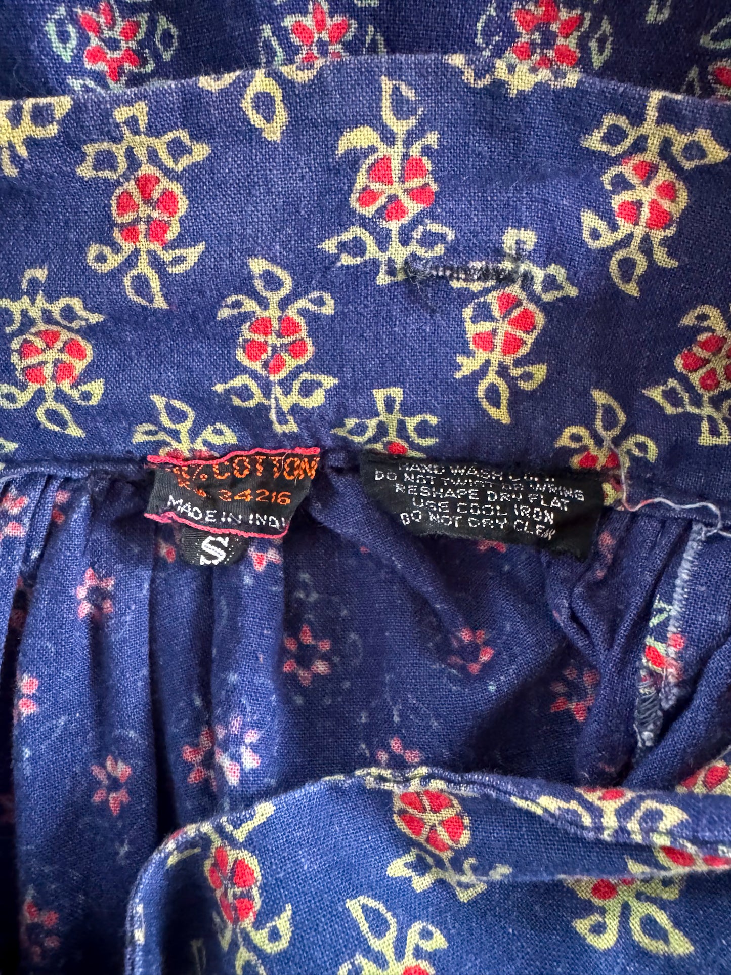 VINTAGE 1970S INDIAN COTTON BLOCK PRINT POCKET MIDI PEASANT SKIRT S