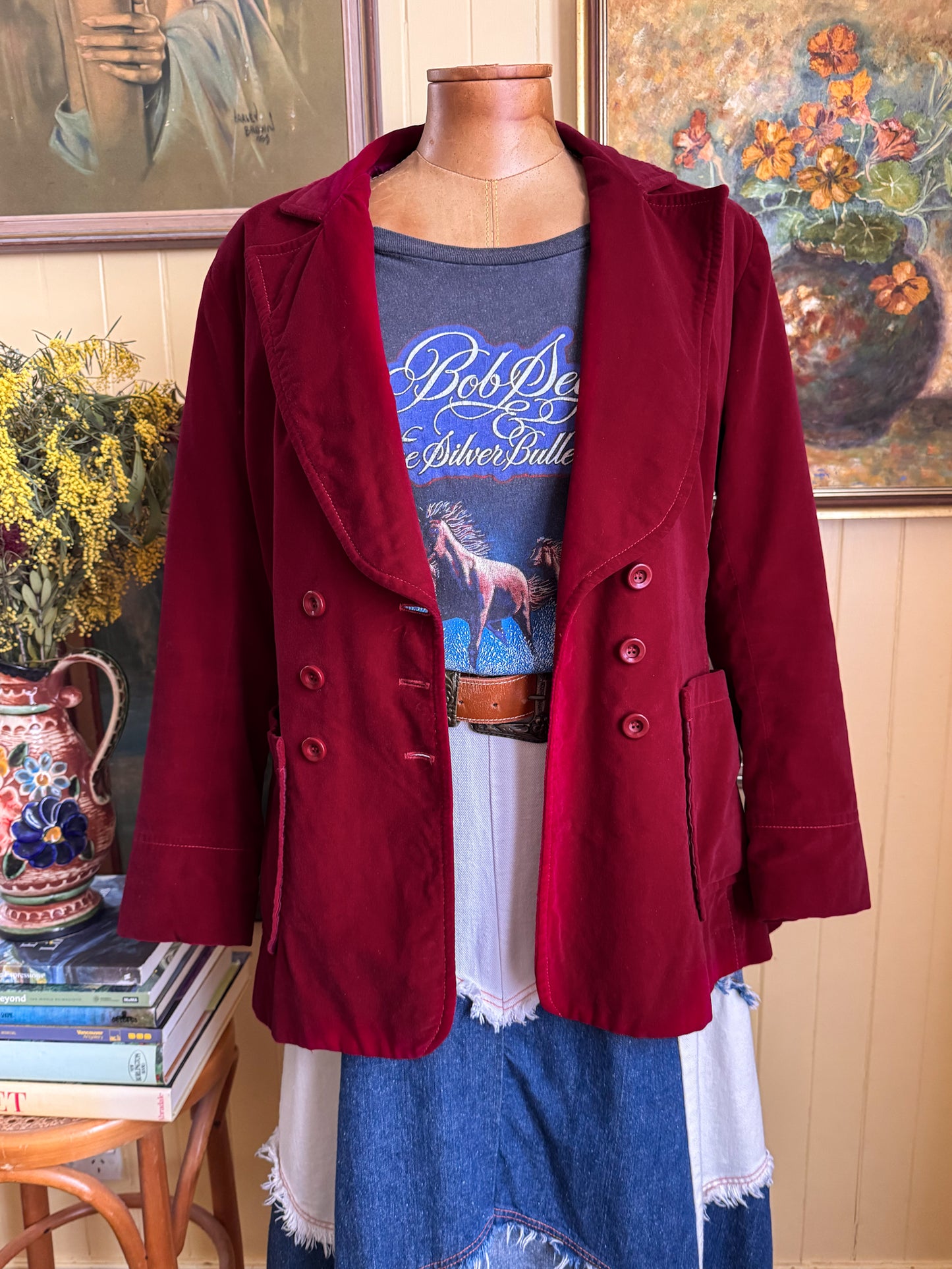 VINTAGE 1970S PEPPERS BURGUNDY VELVET BLAZER JACKET M
