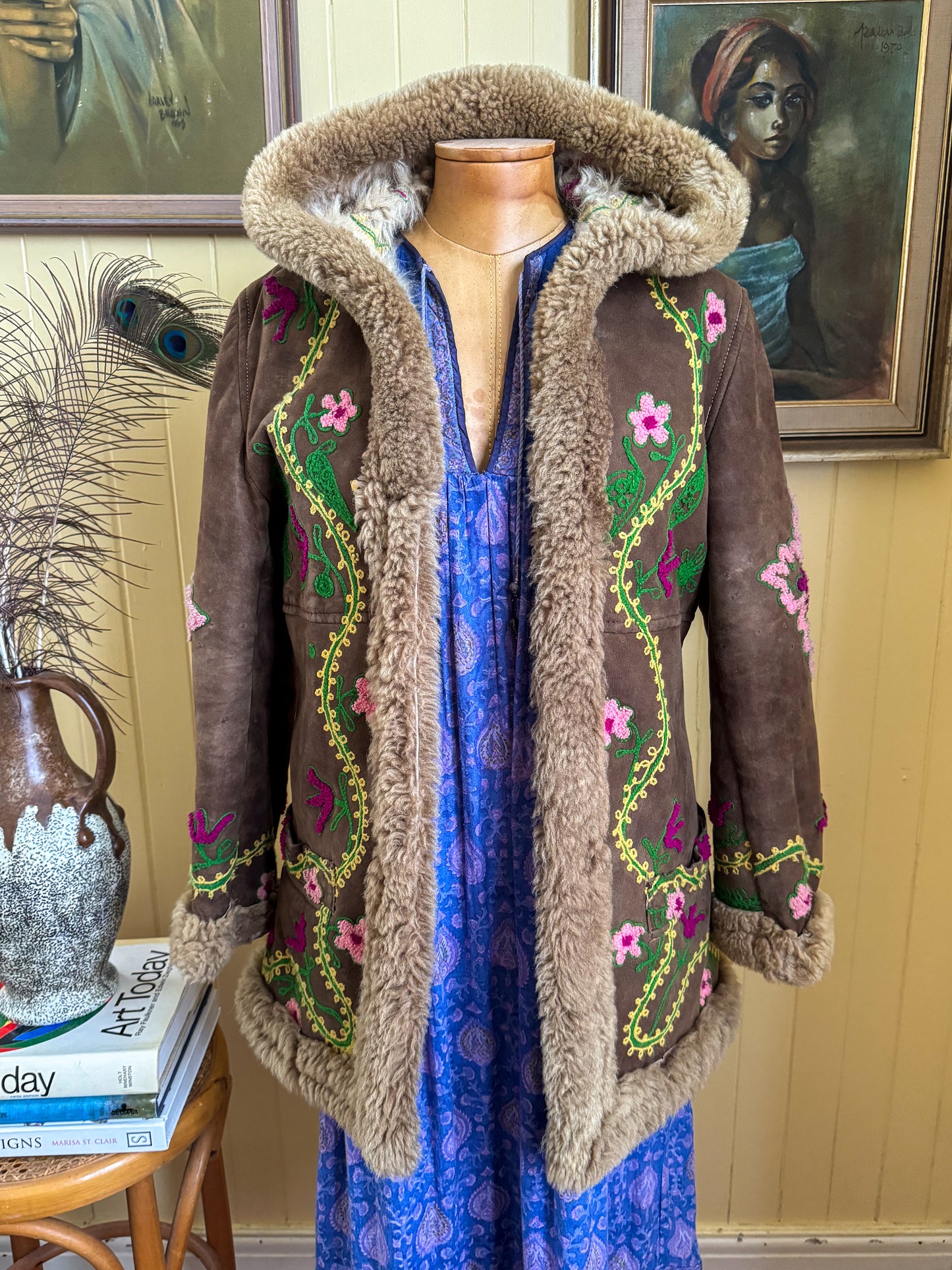 VINTAGE 1960S RARE YAQUB TURKISH SUEDE LEATHER SHEEPSKIN PENNY LANE EMBROIDERED COAT XS/S