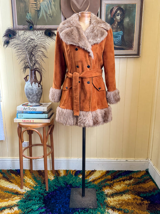 VINTAGE 1970S RUST MOTTLED VELVETEEN FAUX SHEARLING PENNY LANE COAT M