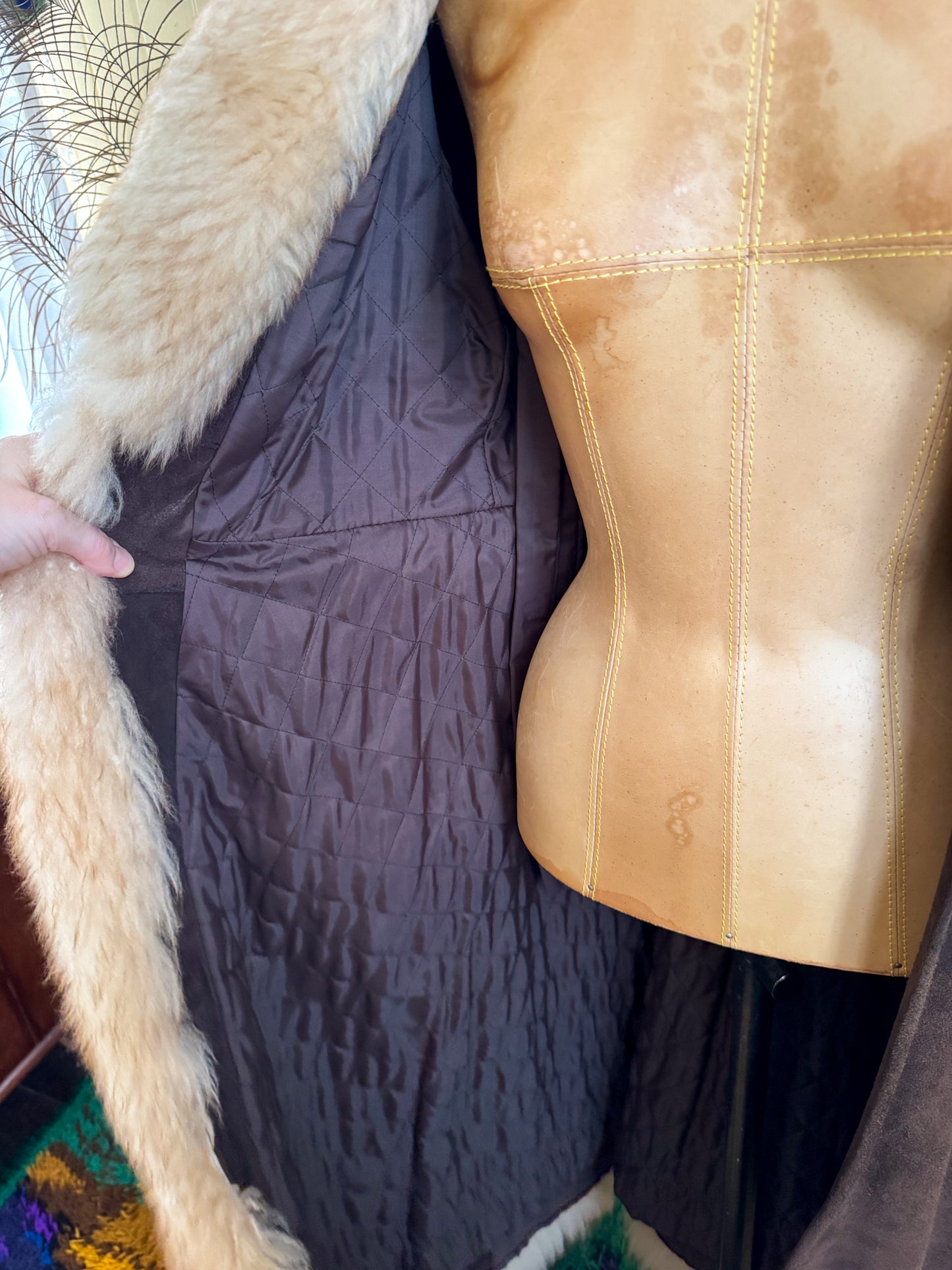 VINTAGE 1970S CHOCOLATE BROWN SUEDE LEATHER LONGLINE PENNY LANE SHEARLING COAT S