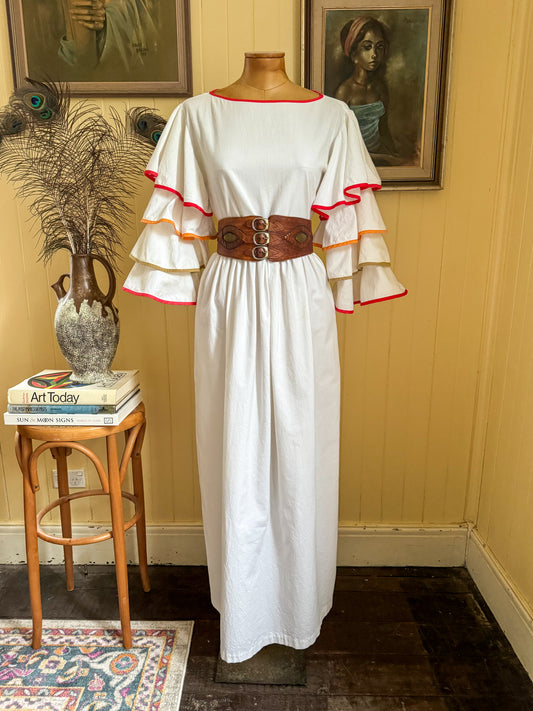 VINTAGE 1970S PATTI CAPPALLI COTTON RUFFLED SLEEVE PRAIRIE MAXI DRESS S