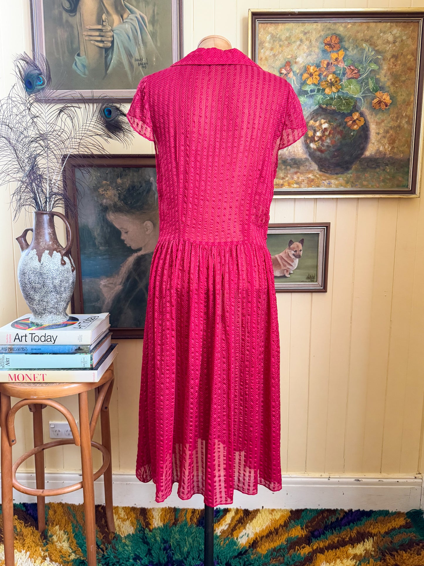 VINTAGE 1990S BRACEWELL SILK SHEER STRIPED MIDI SHIRT DRESS S/M