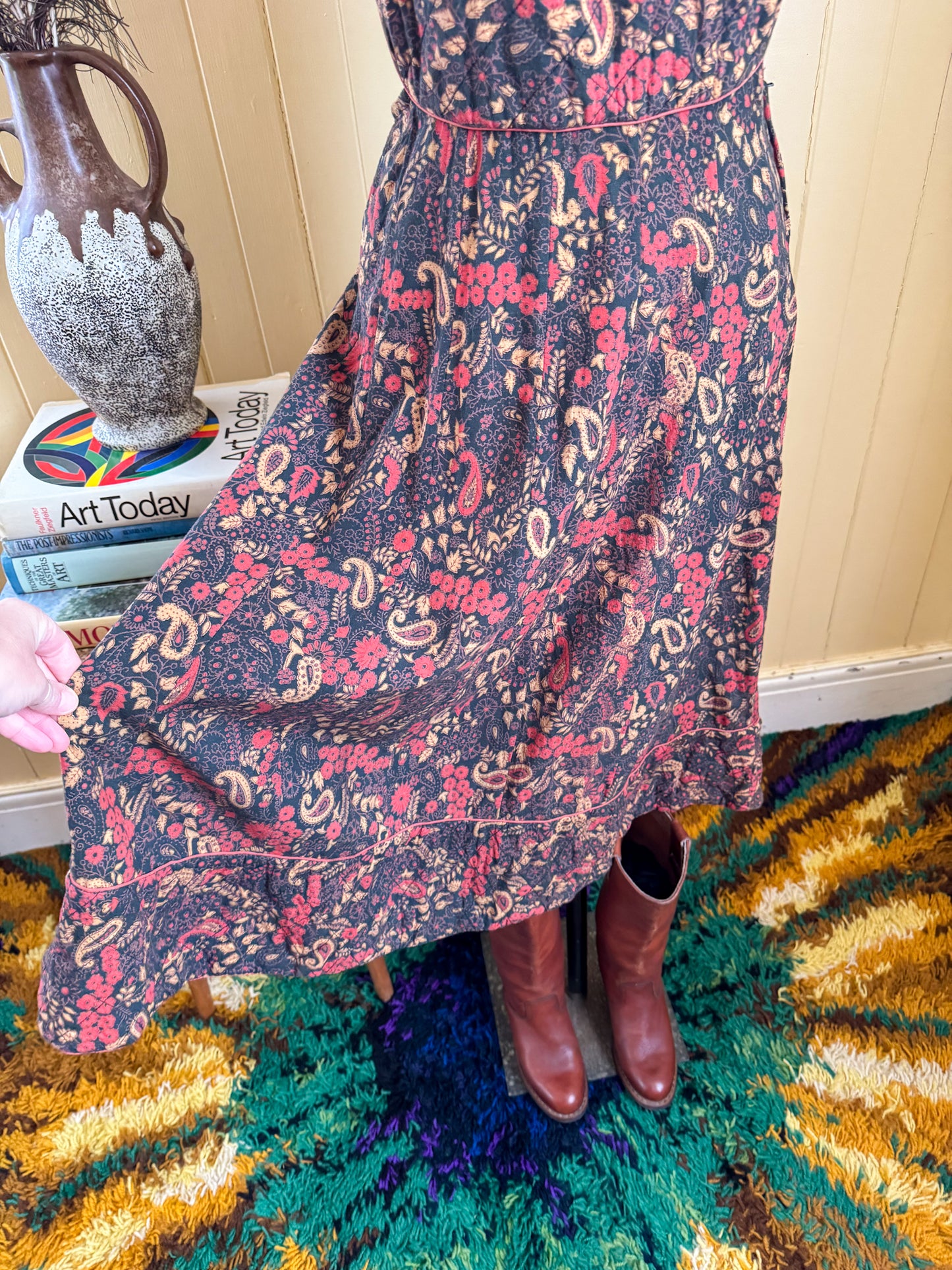 VINTAGE 1970S ORIENTIQUE INDIAN COTTON BLOCK PRINTED PINAFORE MIDI DRESS S