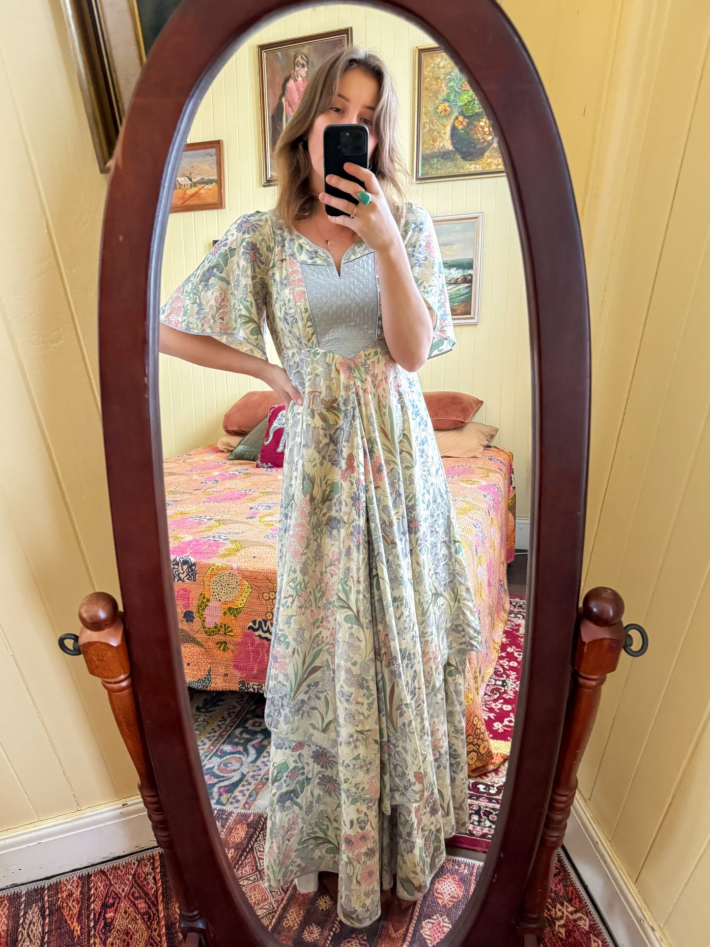 VINTAGE 1970S RARE ENGLISH ANNA BELINDA OXFORD SILK FLORAL MAXI PRAIRIE DRESS S/M