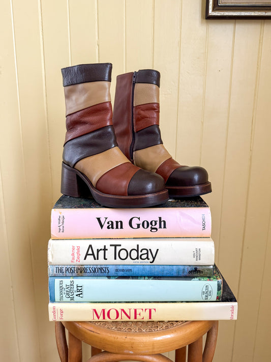 VINTAGE 1990S SKETCHERS PATCHWORK LEATHER PLATFORM BLOCK HEELED BOOTS 7-7.5/38