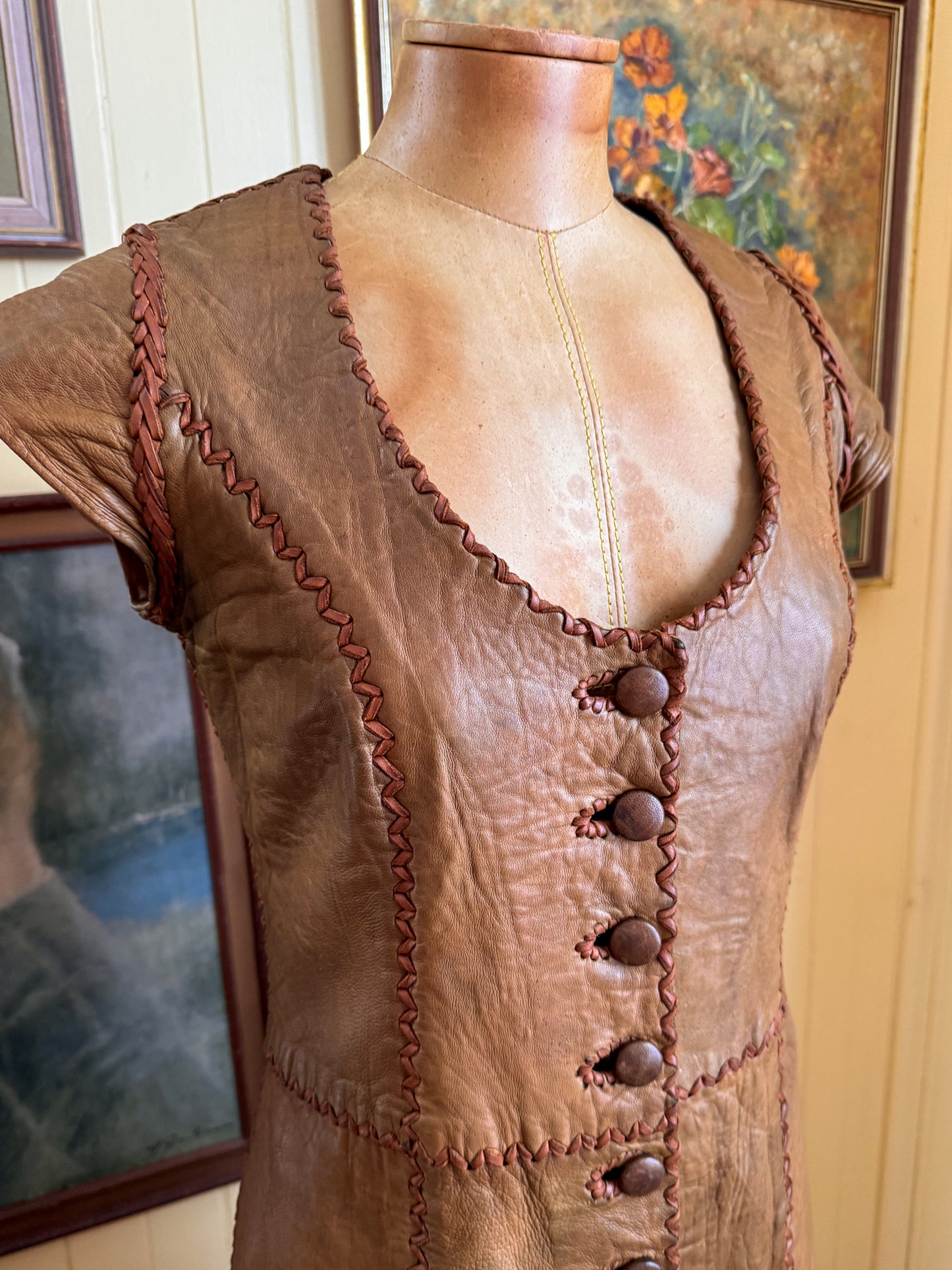VINTAGE 1970S RARE ICONIC NORTH BEACH LEATHER WHIPSTITCH MIDI DRESS XS