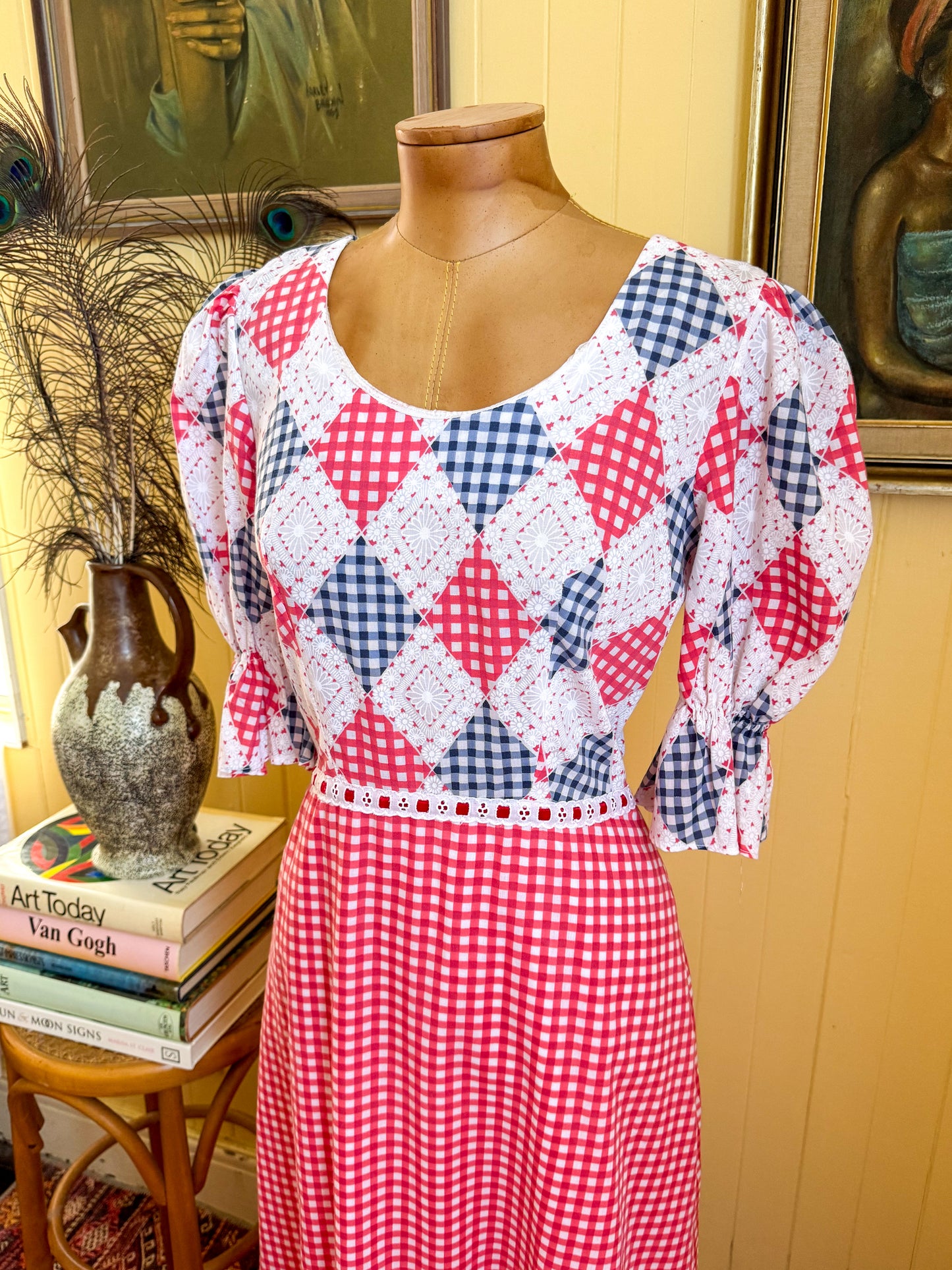 VINTAGE 1970S ANDRÉ LONDON COTTON GINGHAM PRINT MAXI PRAIRIE DRESS S