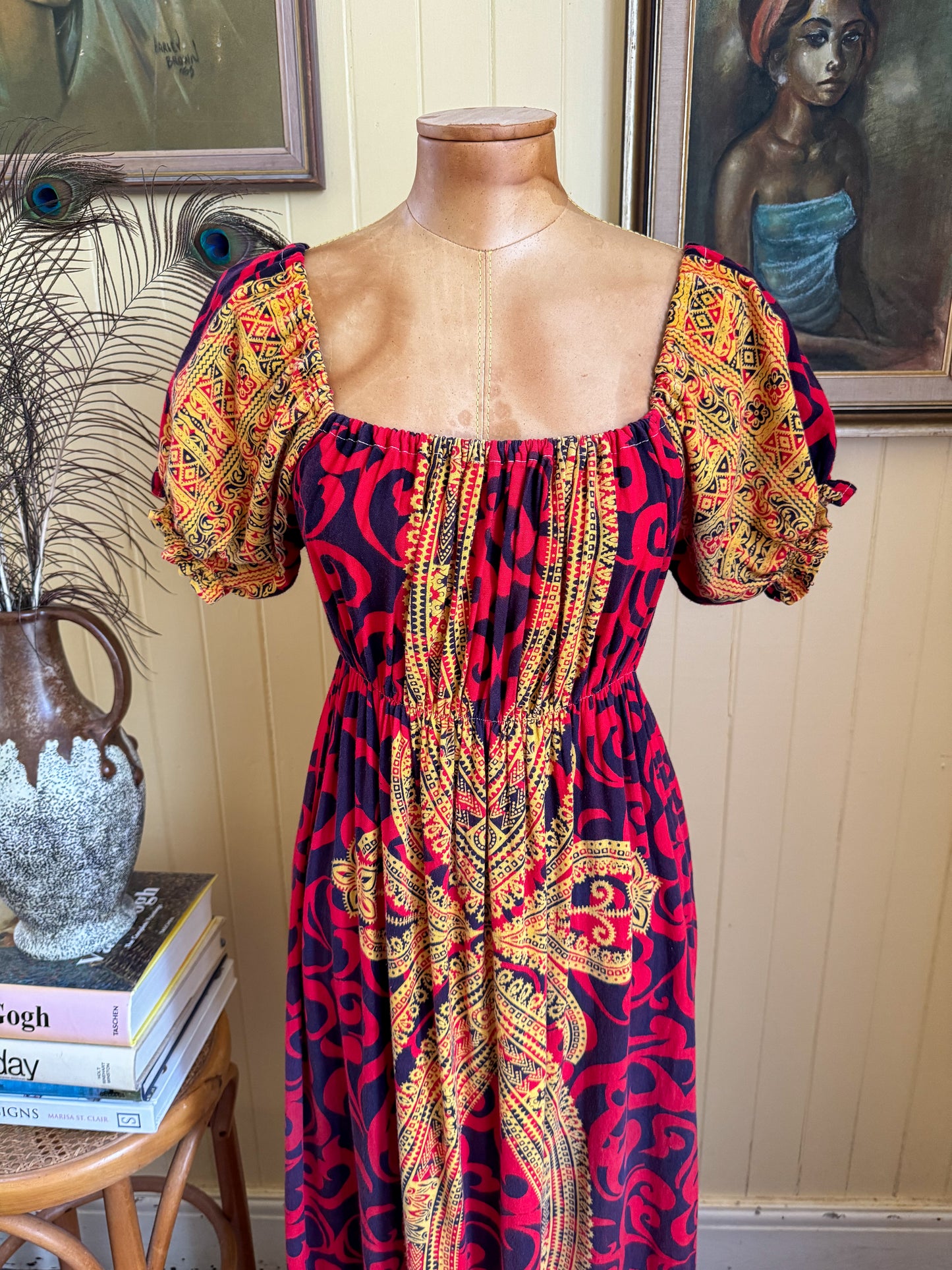 VINTAGE 1970S MR JOE PAKISTANI COTTON BLOCK PRINT MAXI DRESS S/M