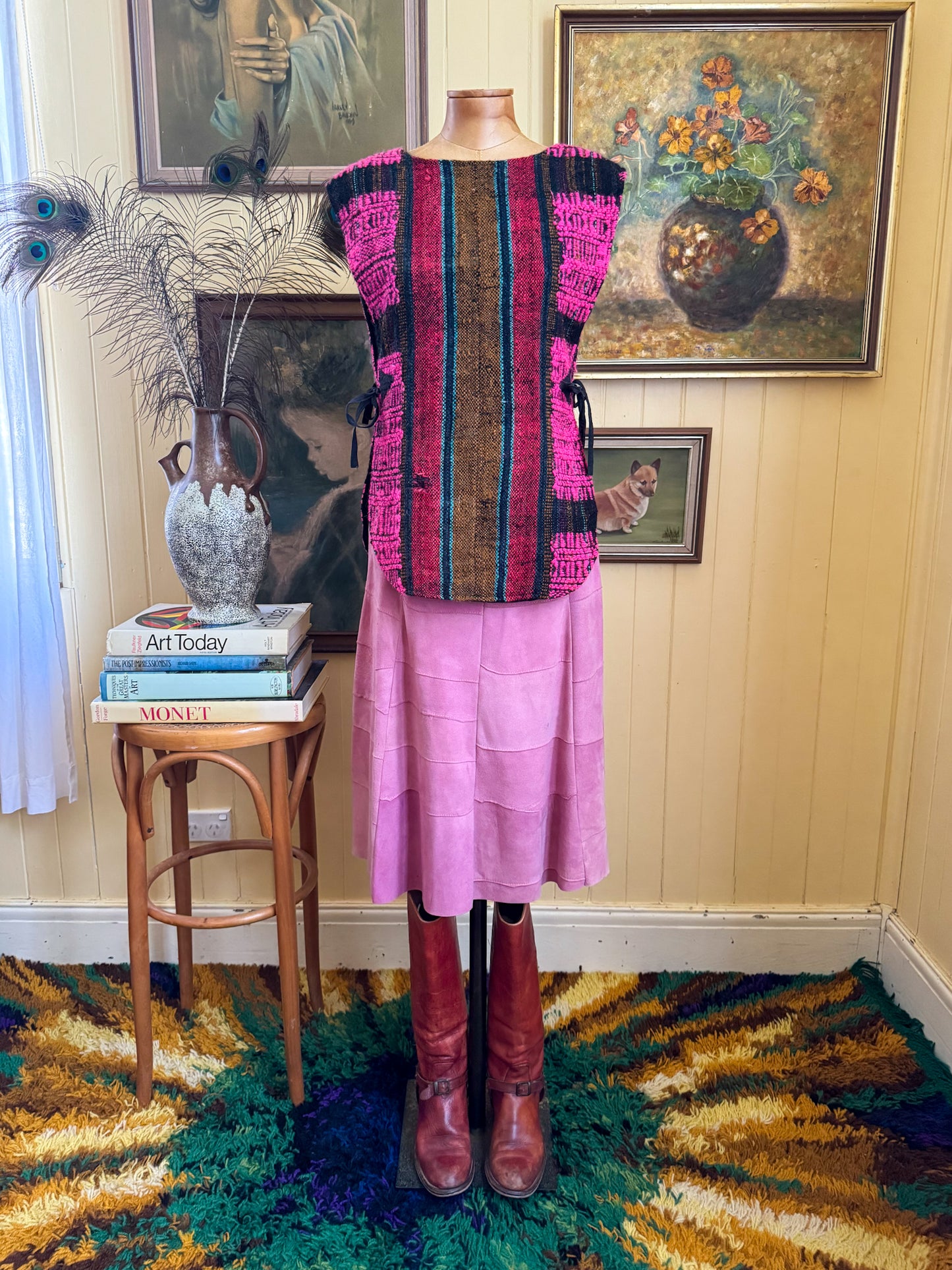 VINTAGE 1970S AKBAR INDIAN WOOL WOVEN TIE UP VEST TOP S/M/L