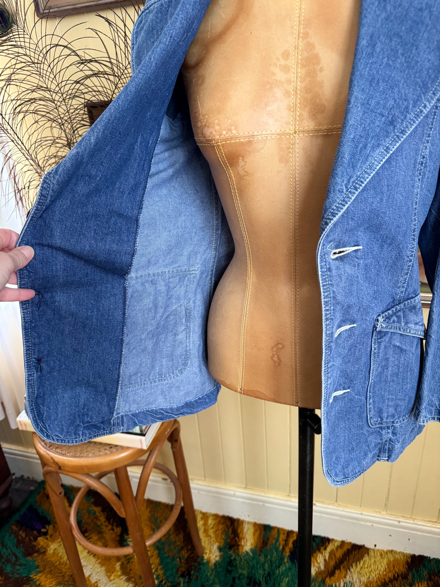 VINTAGE 1970S FADED GLORY COTTON DENIM FITTED BLAZER JACKET XS/S