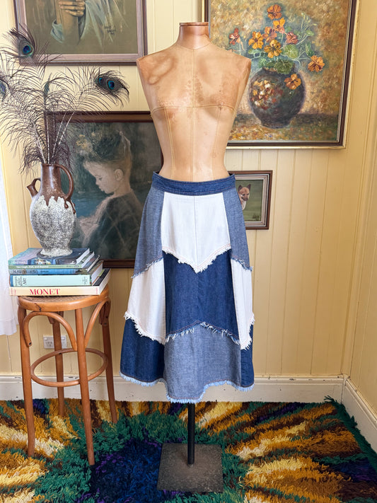 VINTAGE 1970S JC PENNEY COTTON DENIM PATCHWORK A-LINE MIDI SKIRT M