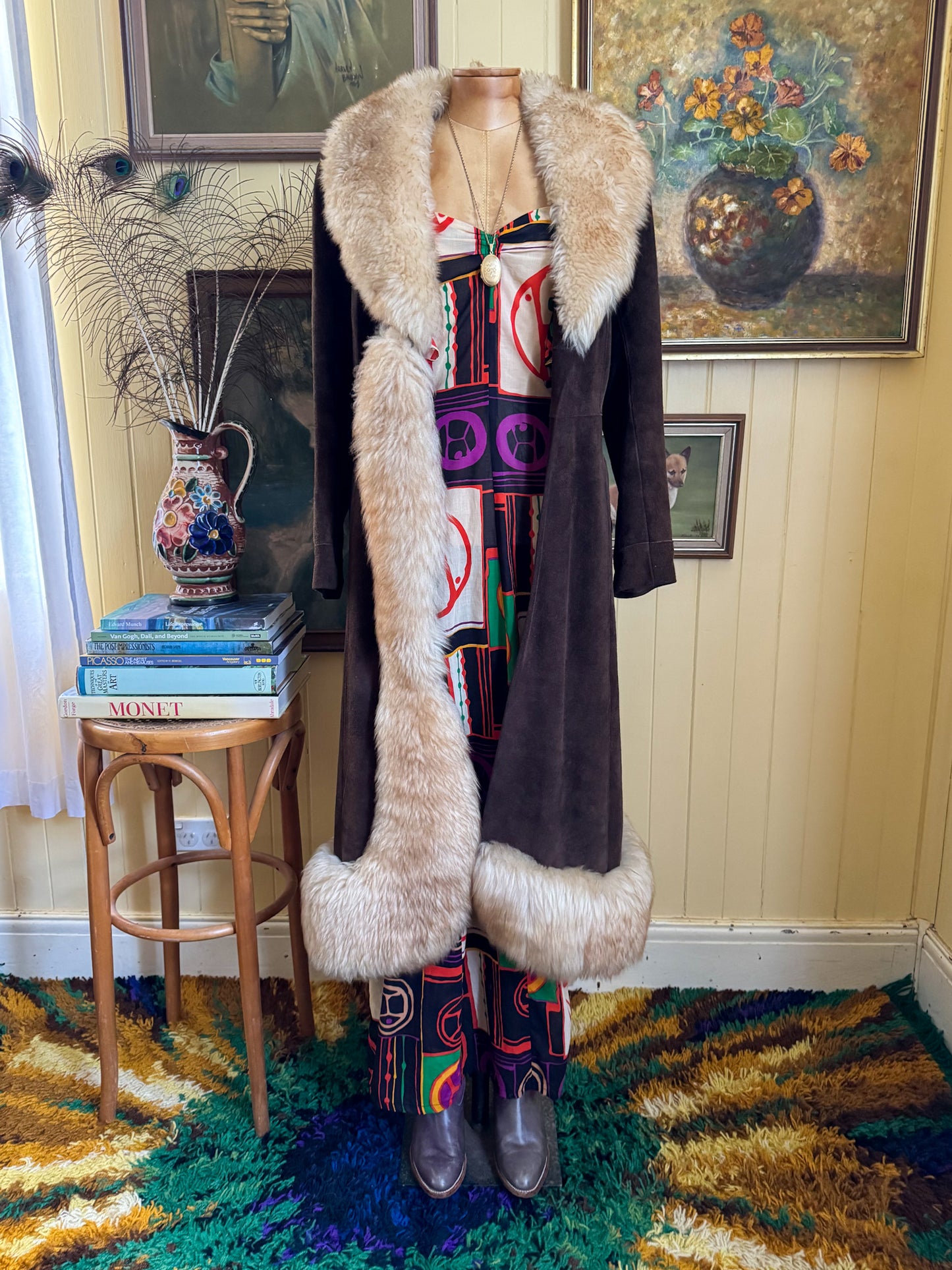 VINTAGE 1970S STYLESEEKER COTTON PEACE SIGN PRINT RUFFLED MAXI DRESS S/M