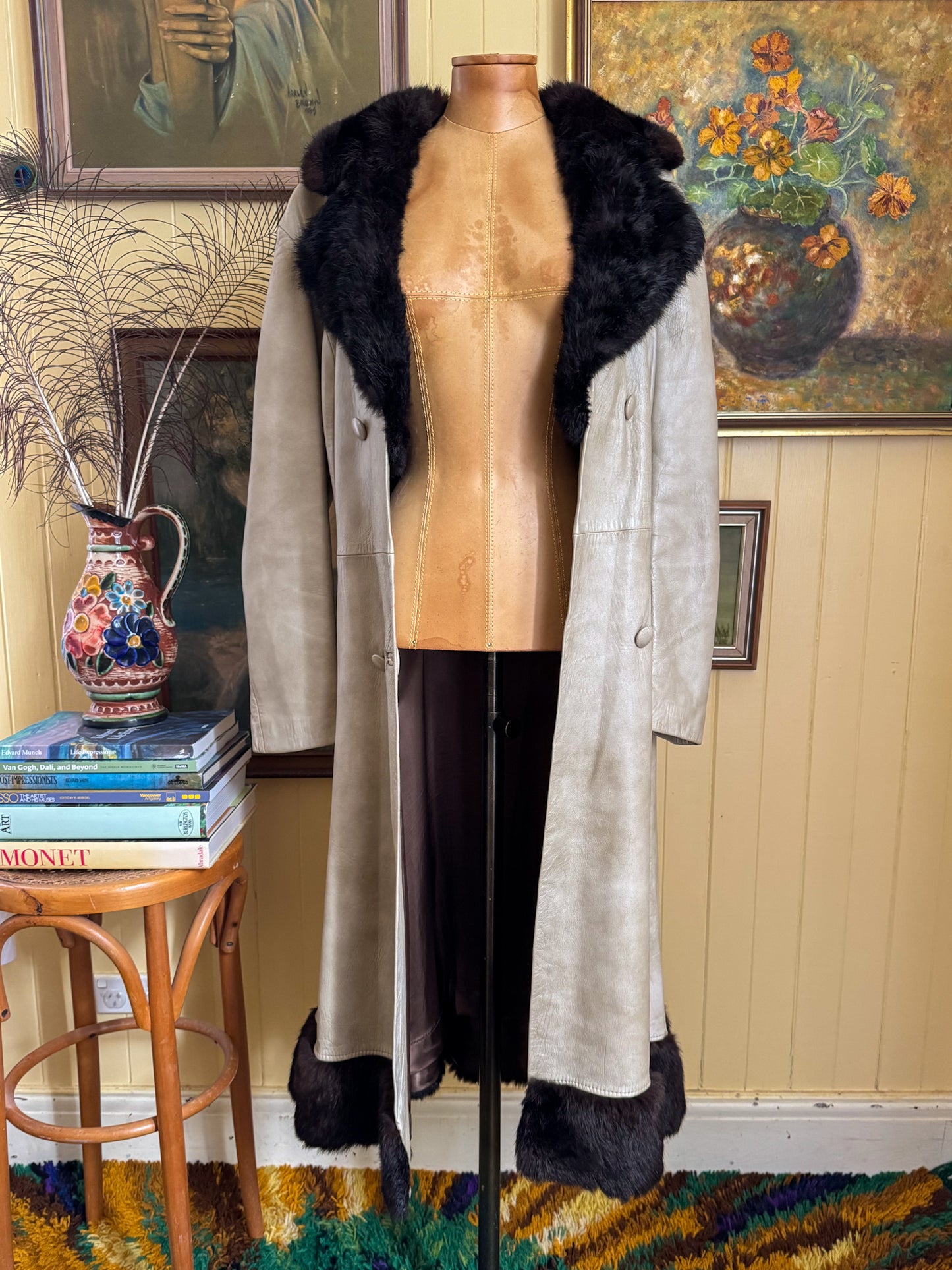 VINTAGE 1970S STEPHEN DATTNER LEATHER FUR TRIM PENNY LANE LONG COAT M/L
