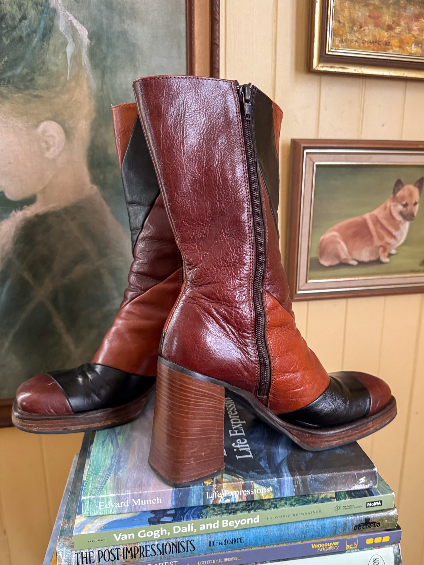 VINTAGE 1990S PATCHWORK LEATHER PLATFORM BLOCK HEELED BOOTS 8.5/39