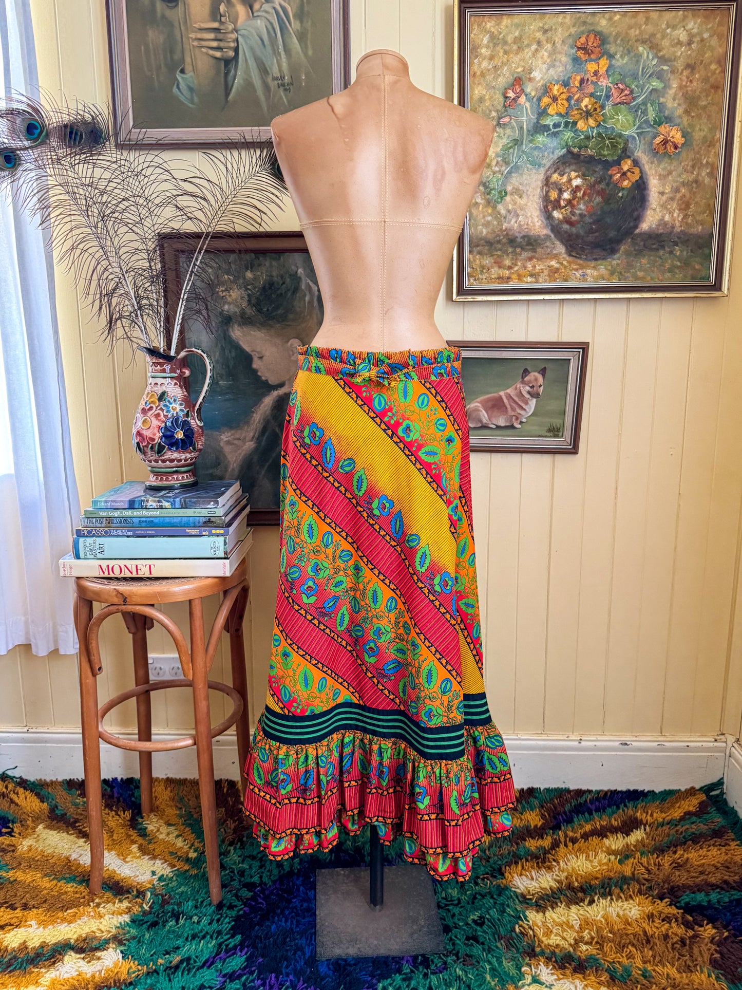 VINTAGE 1970S GERMAN LUCIE LINDEN COTTON PRINT RUFFLE MIDI PEASANT SKIRT M