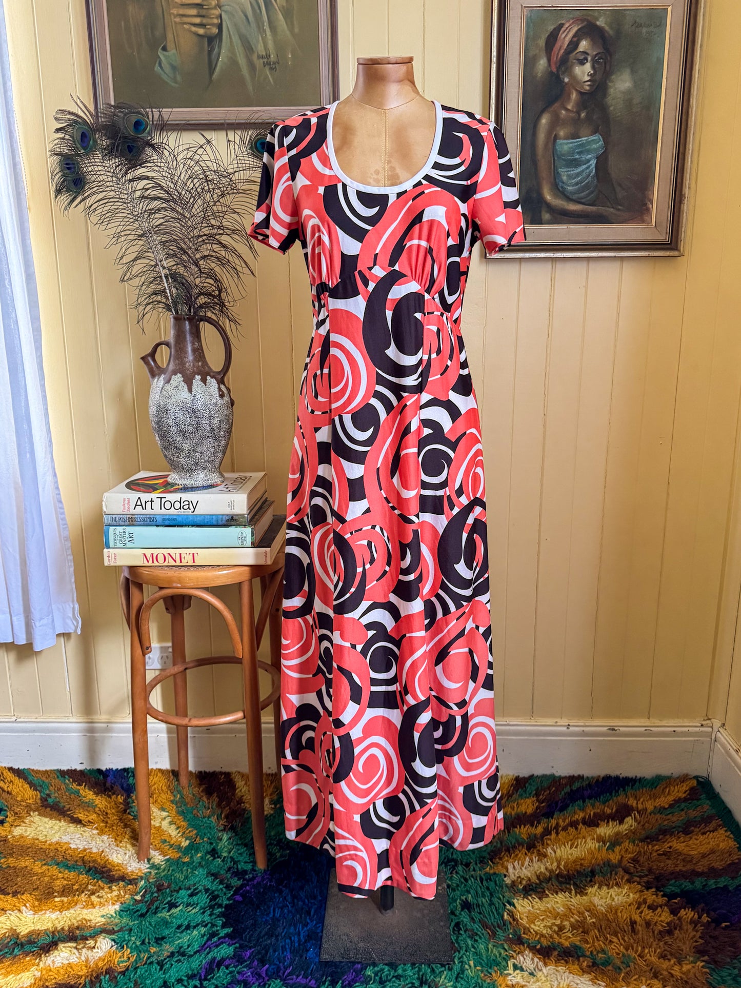 VINTAGE 1970S COLLETTE SYDNEY PSYCHEDELIC FLORAL PRINT MAXI DRESS M
