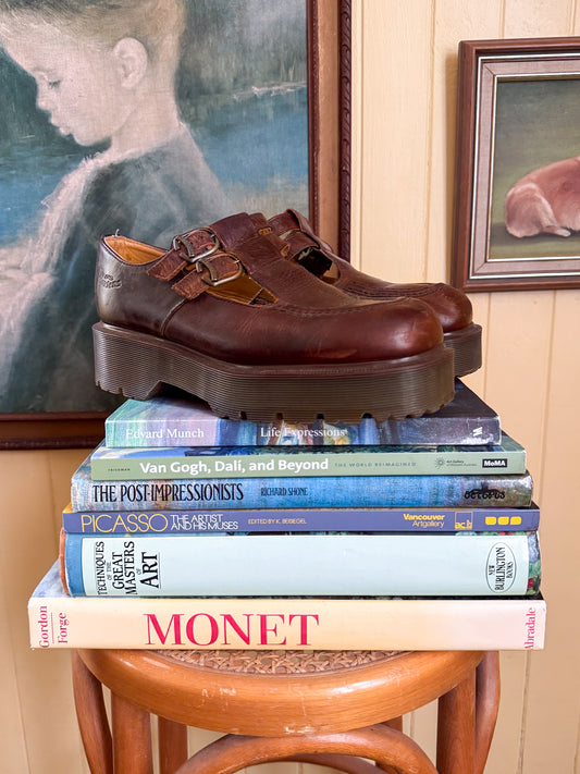 VINTAGE 1990S RARE DR DOC MARTENS DOUBLE STRAP CHESTNUT BROWN LEATHER HEELED MARY JANES 9.5/40.5