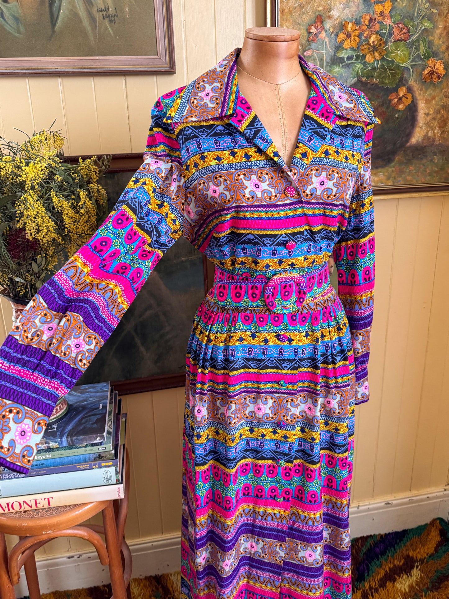 VINTAGE 1970S ALEX COLEMAN PSYCHEDELIC PRINT BUTTON THROUGH BELTED MAXI SHIRT DRESS M/L