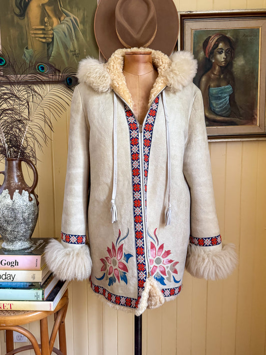 VINTAGE 1970S PENNY LANE SUEDE PAINTED SHEEPSKIN HOODED COAT M