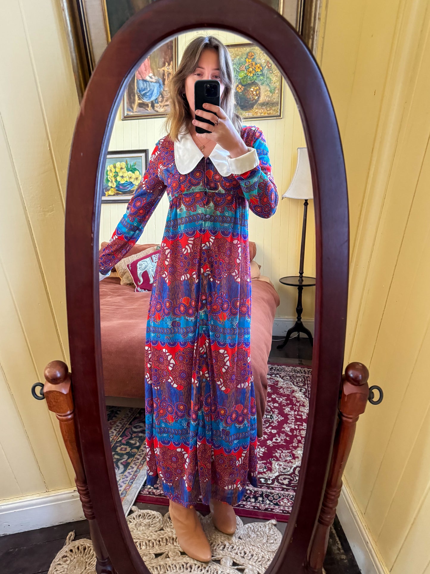 VINTAGE 1970S BINDI OF MELBOURNE PSYCHEDELIC COLLARED MAXI DRESS M