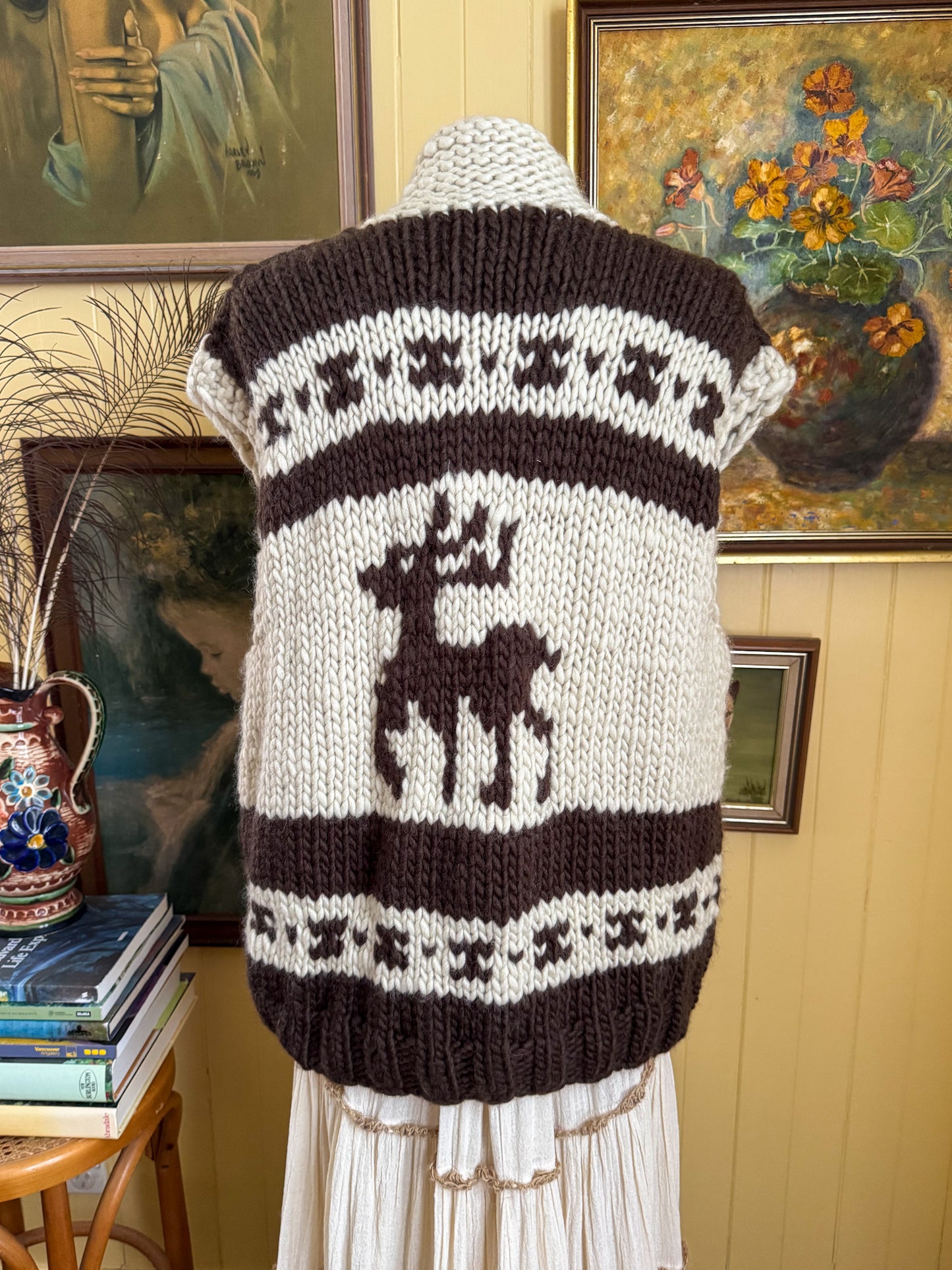 HANDMADE KANATA CANADIAN COWICHAN WOOLLEN CHUNKY KNIT ZIP THROUGH VEST M/L