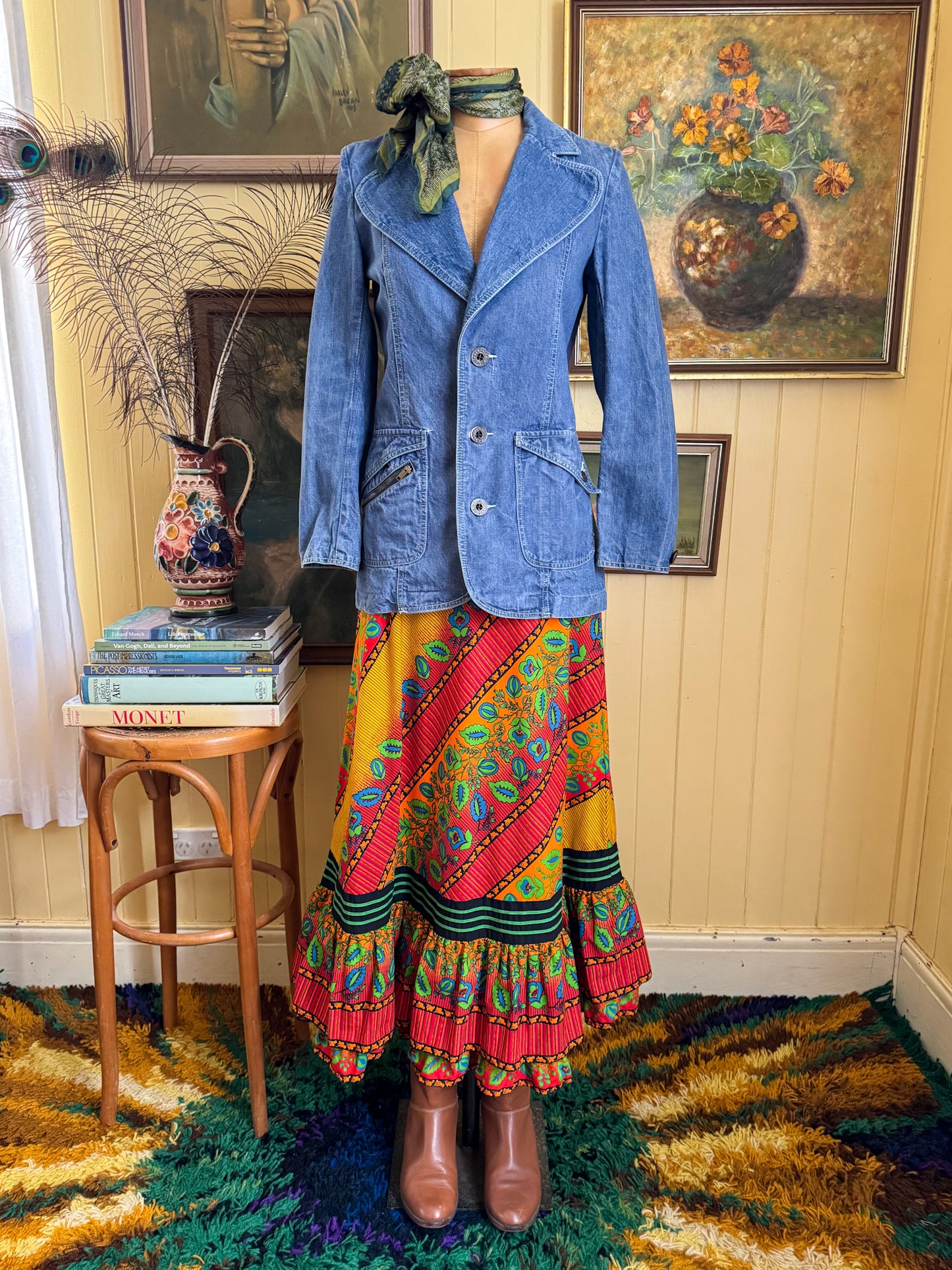 VINTAGE 1970S FADED GLORY COTTON DENIM FITTED BLAZER JACKET XS/S