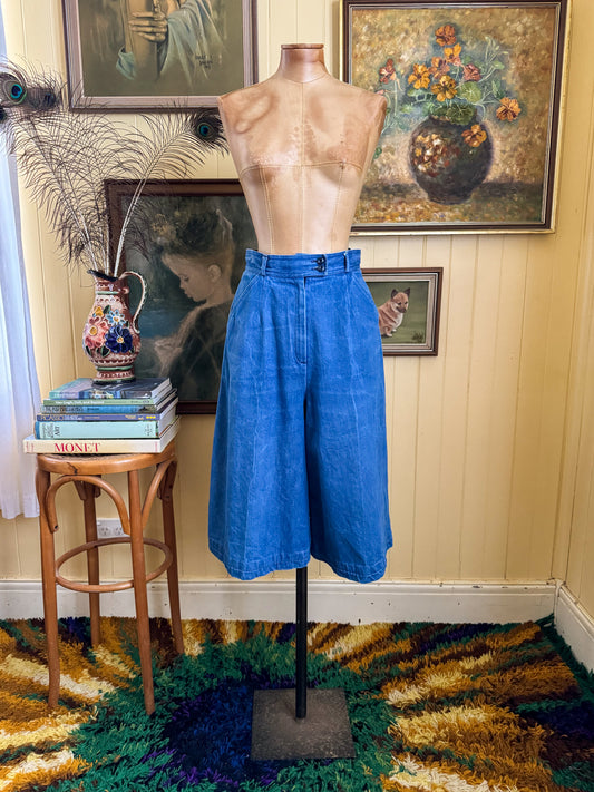 VINTAGE 1970S C&A COTTON DENIM SUPER HIGH WAIST WIDE LEG CULOTTES XS/S