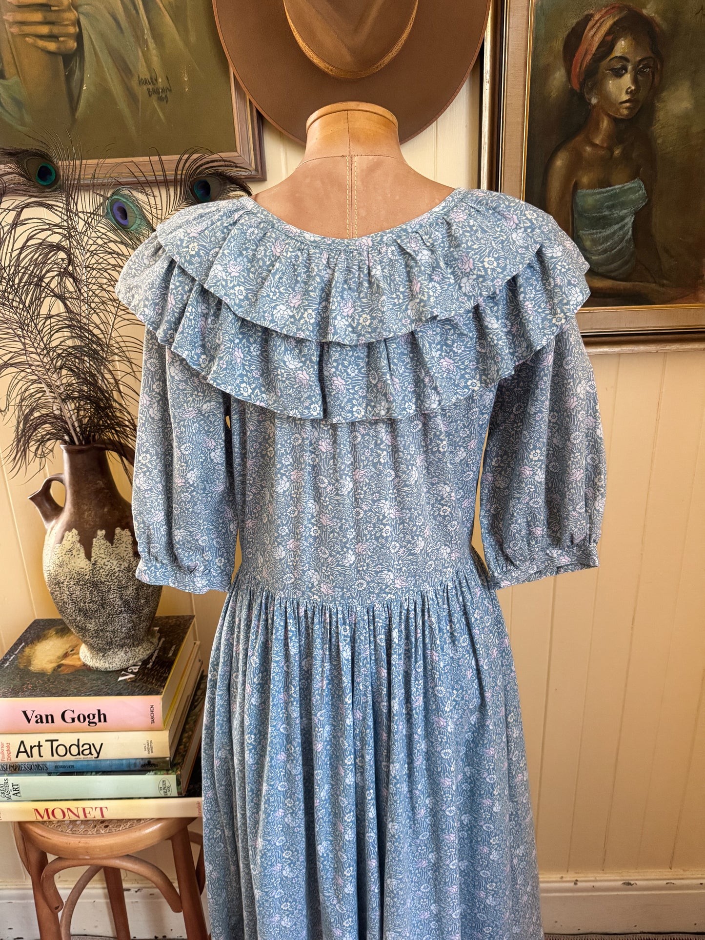 VINTAGE 1980S LAURA ASHLEY CARNO WALES COTTON FLORAL RUFFLE PRAIRIE DRESS M