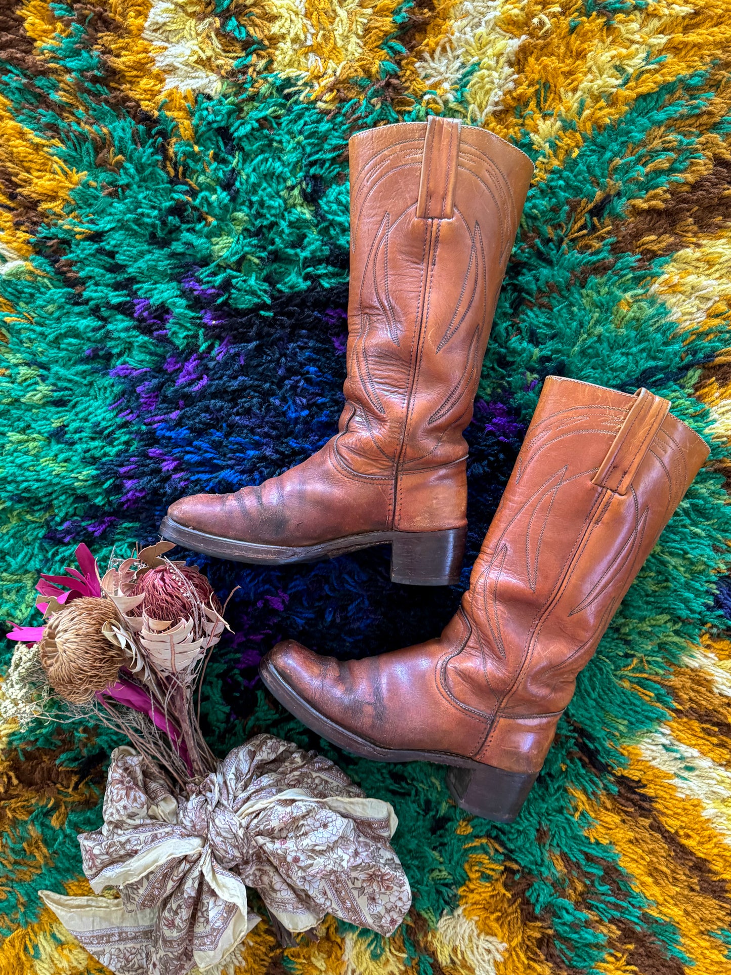 VINTAGE 1970S RARE FRYE BLACK LABEL CAMPUS LEATHER TALL EMBROIDERED BOOTS 39/8.5