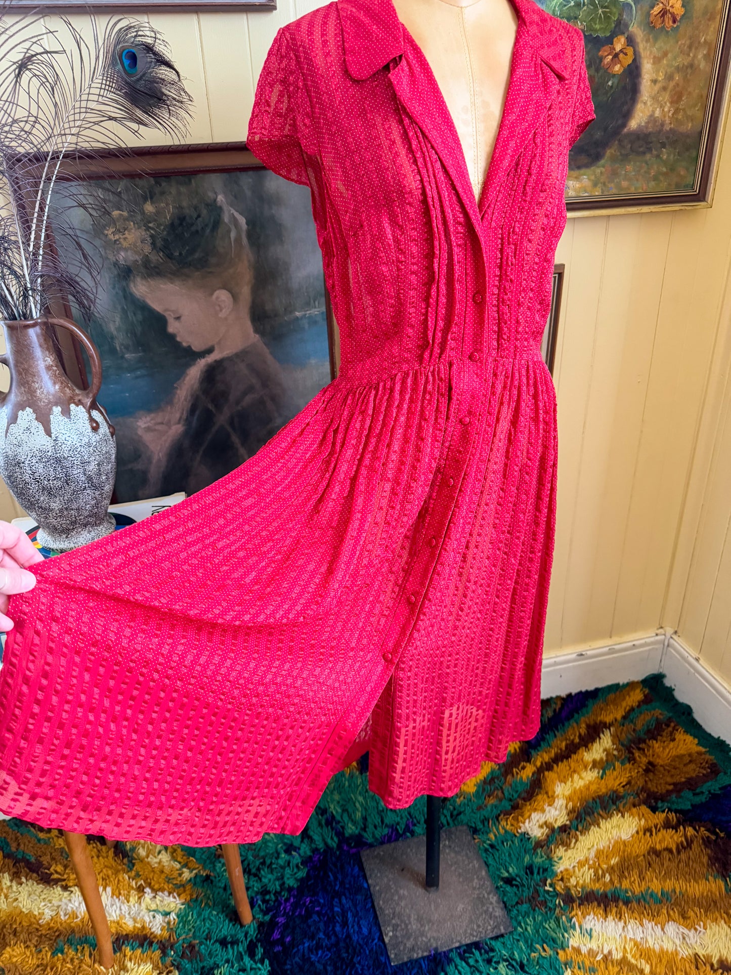 VINTAGE 1990S BRACEWELL SILK SHEER STRIPED MIDI SHIRT DRESS S/M