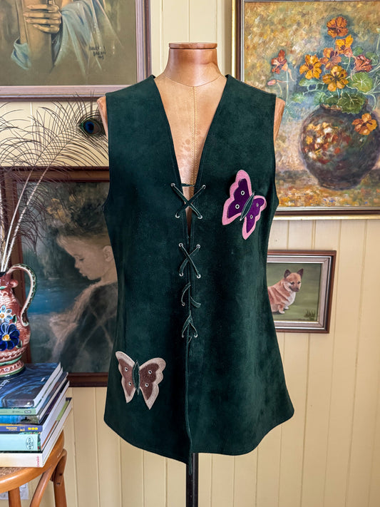 VINTAGE 1970S FOREST GREEN SUEDE LEATHER BUTTERFLY APPLIQUÉ LACE UP VEST S