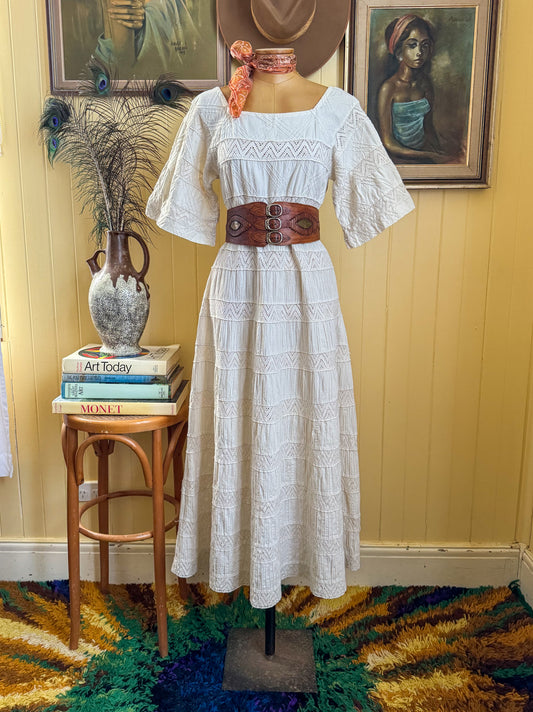 VINTAGE 1960S RARE TACHI CASTILLO MEXICAN COTTON + LACE MAXI DRESS S/M