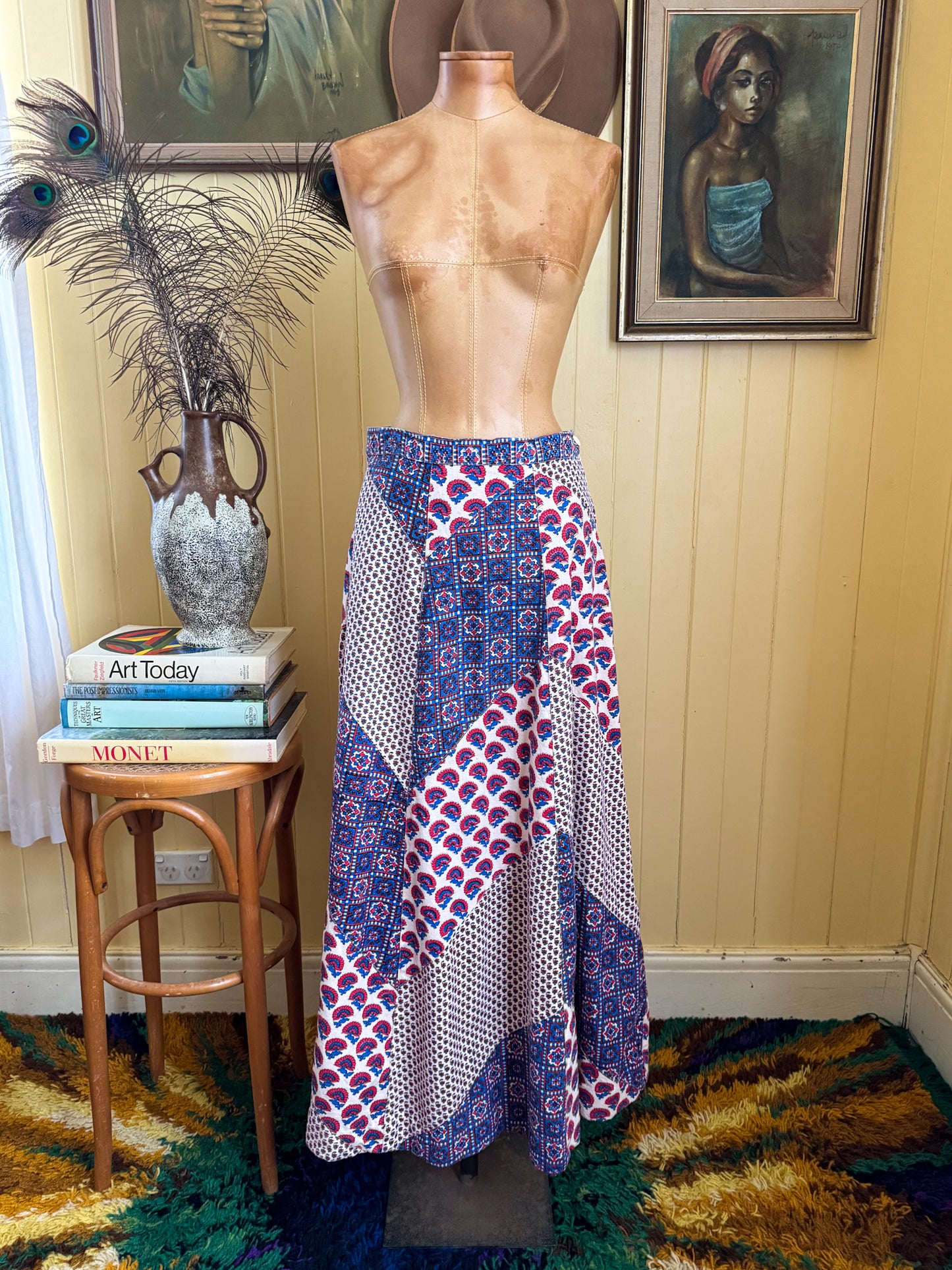 VINTAGE 1970S CRYSTAL COTTON PATCHWORK PRINT A-LINE MAXI SKIRT M