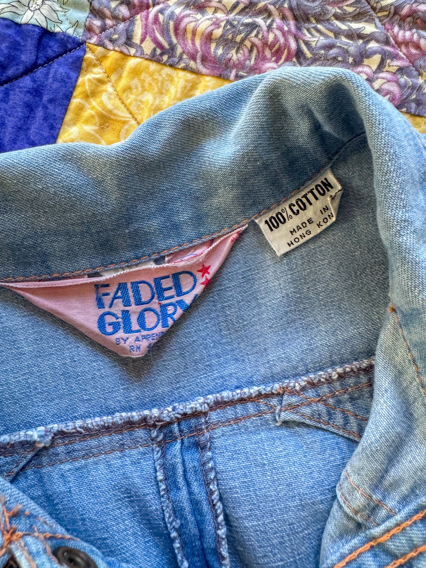 VINTAGE 1970S FADED GLORY COTTON DENIM CHEVRON SHIRT JACKET S/M