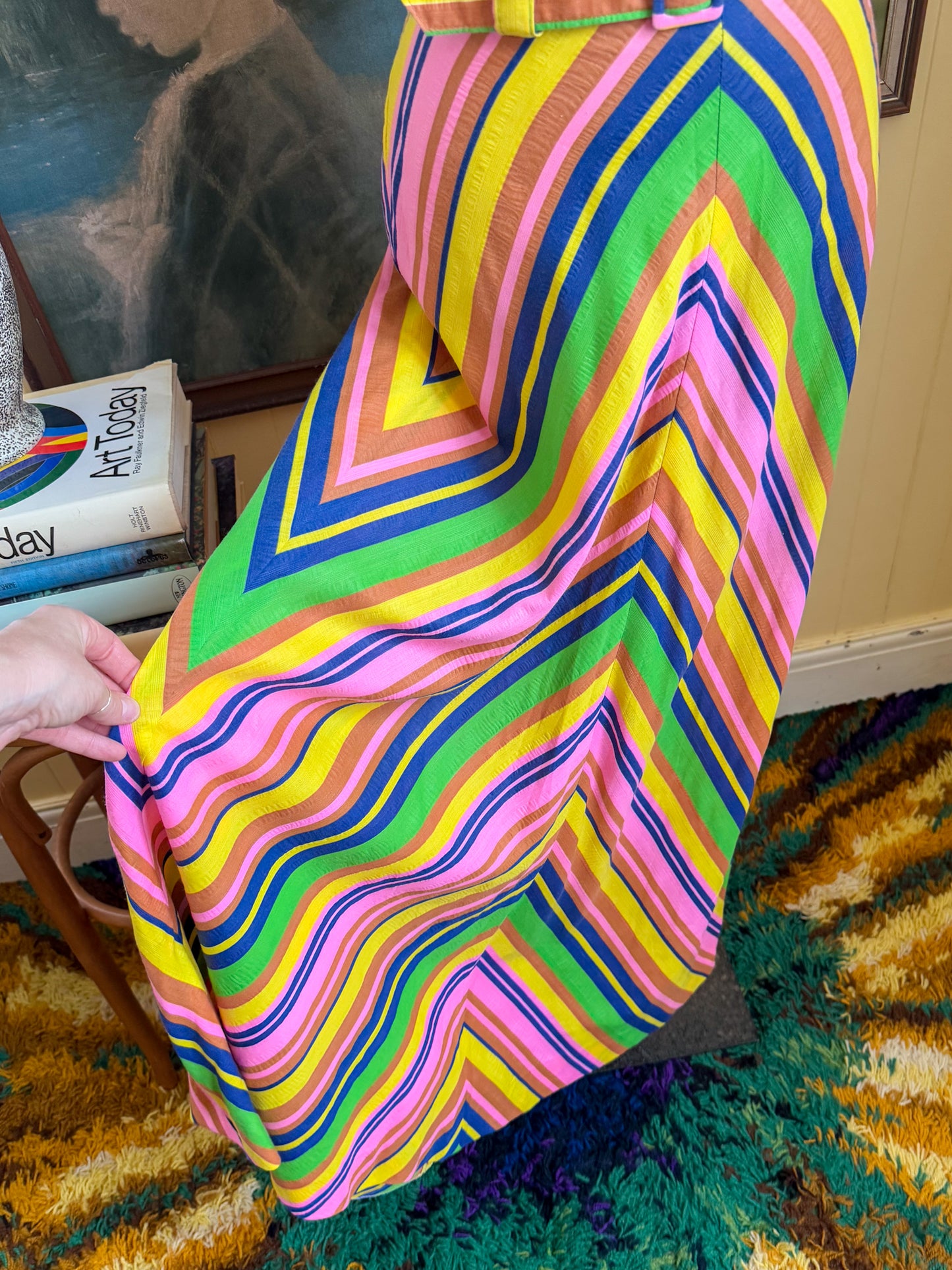VINTAGE 1970S LONDON BOUTIQUE COTTON RAINBOW STRIPED BELTED MAXI SKIRT S/M