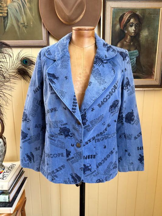 VINTAGE 1970S WALCO COTTON DENIM ASTROSCOPE PRINT BLAZER JACKET S