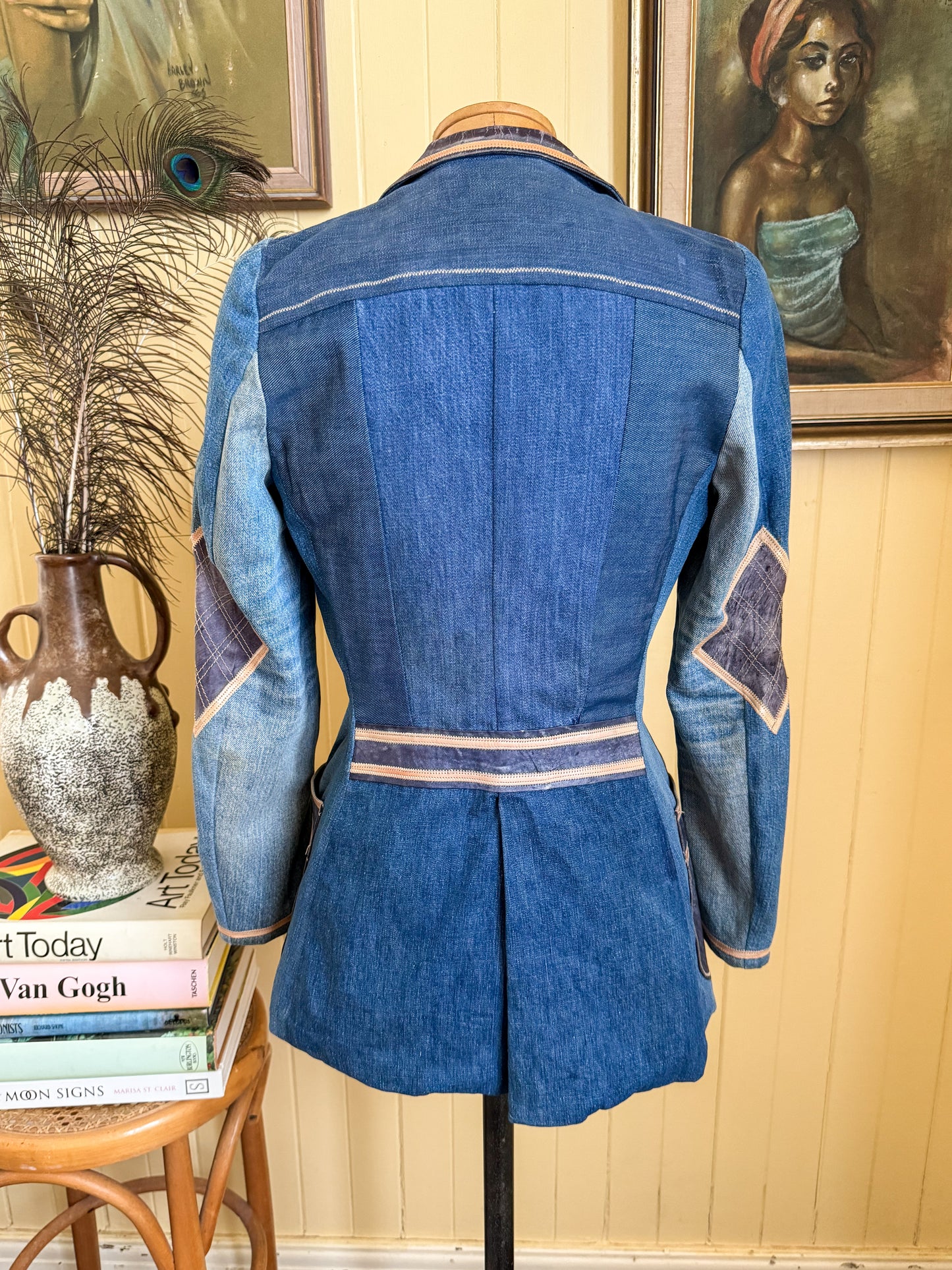 VINTAGE 1970S MIUZA FRANCE DENIM AND LEATHER BLAZER JACKET XS