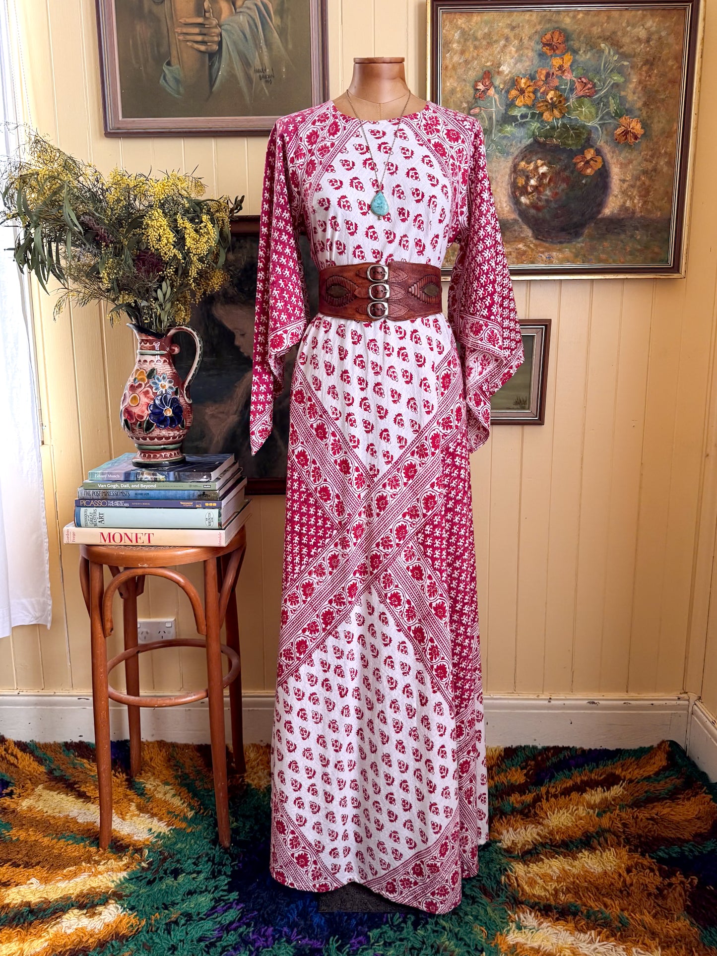 VINTAGE 1970S MALIKA INDIAN COTTON BLOCK PRINT ANGEL SLEEVE MAXI KAFTAN S/M