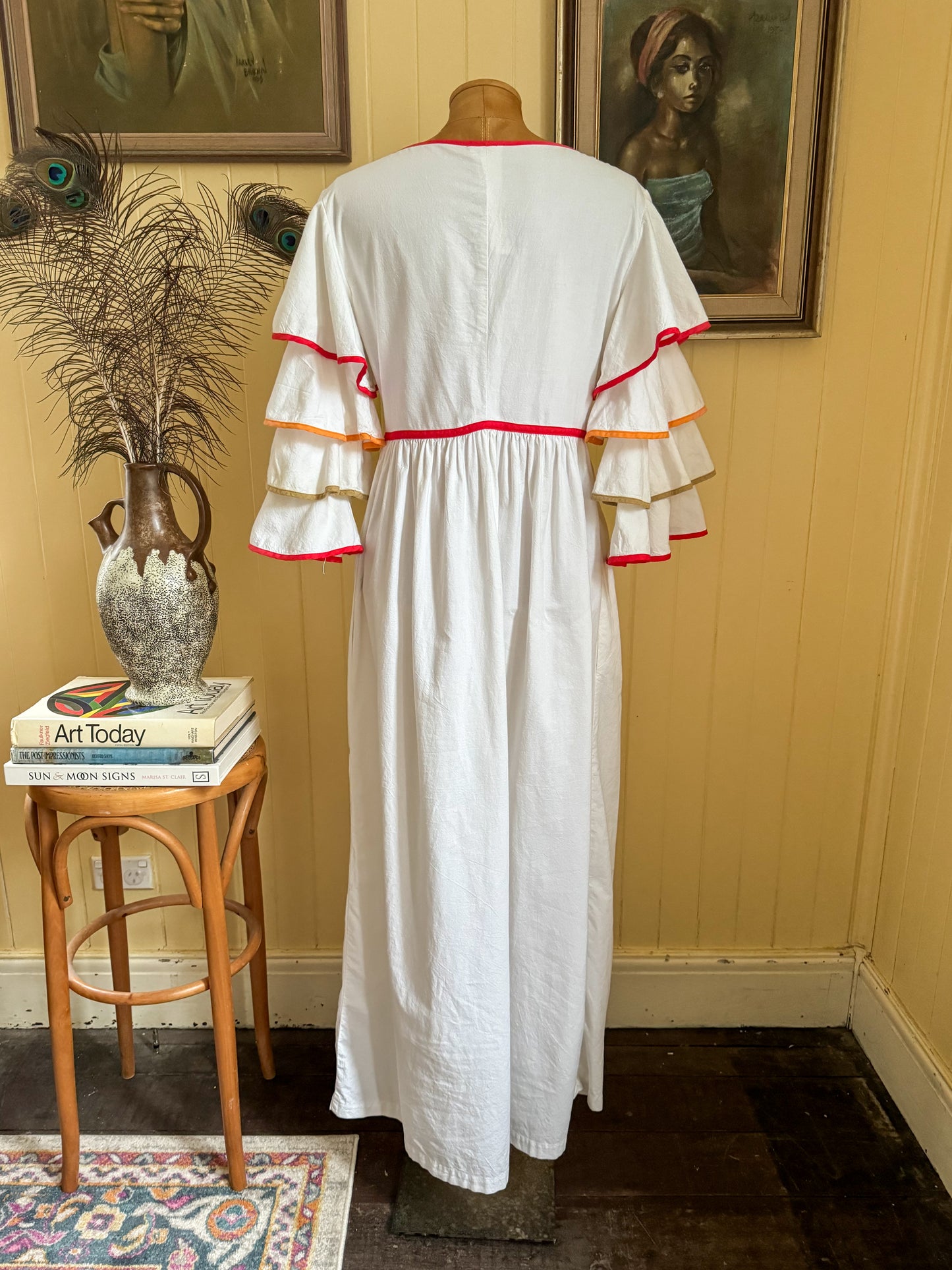 VINTAGE 1970S PATTI CAPPALLI COTTON RUFFLED SLEEVE PRAIRIE MAXI DRESS S