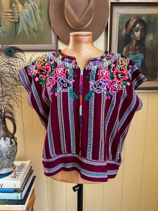 VINTAGE GUATEMALAN EMBROIDERED STRIPED COTTON HUIPIL TOP M