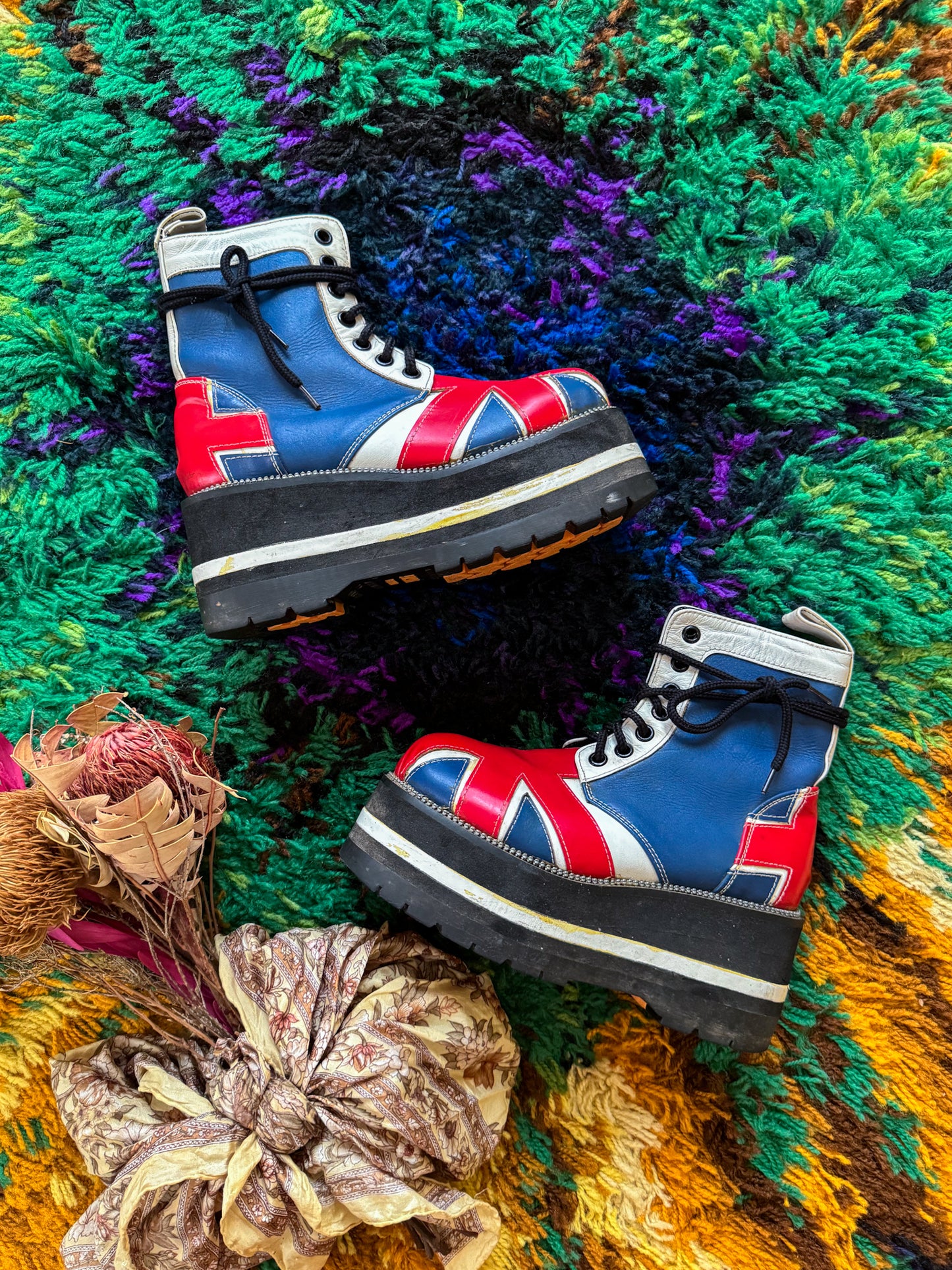 VINTAGE 1990S RARE ITALIAN VANGUARD UNION JACK LEATHER PLATFORM DIESEL SOLE BOOTS 8/38-39