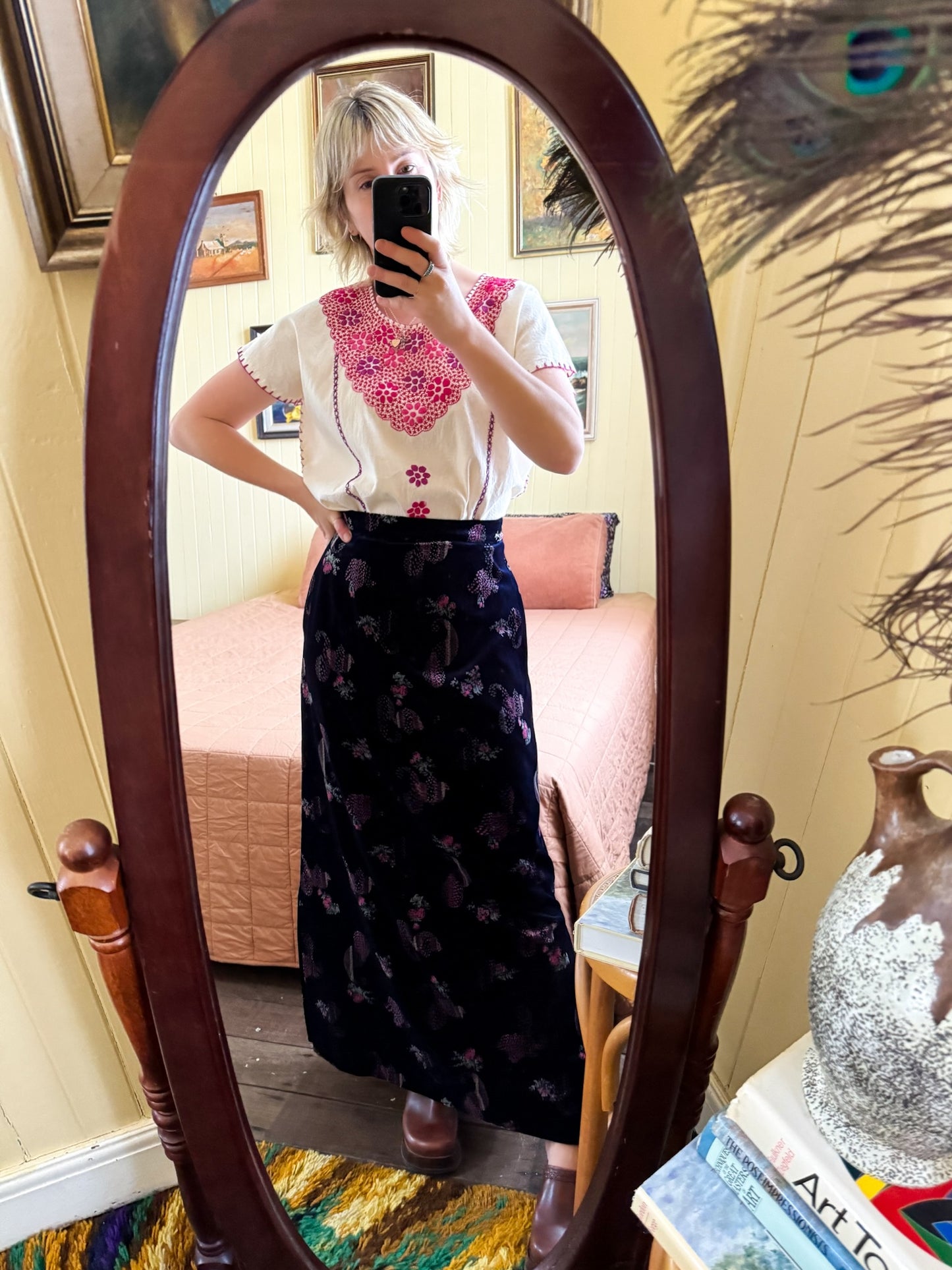 HANDMADE MEXICAN NATURAL COTTON EMBROIDERED HUIPIL TOP L/XL