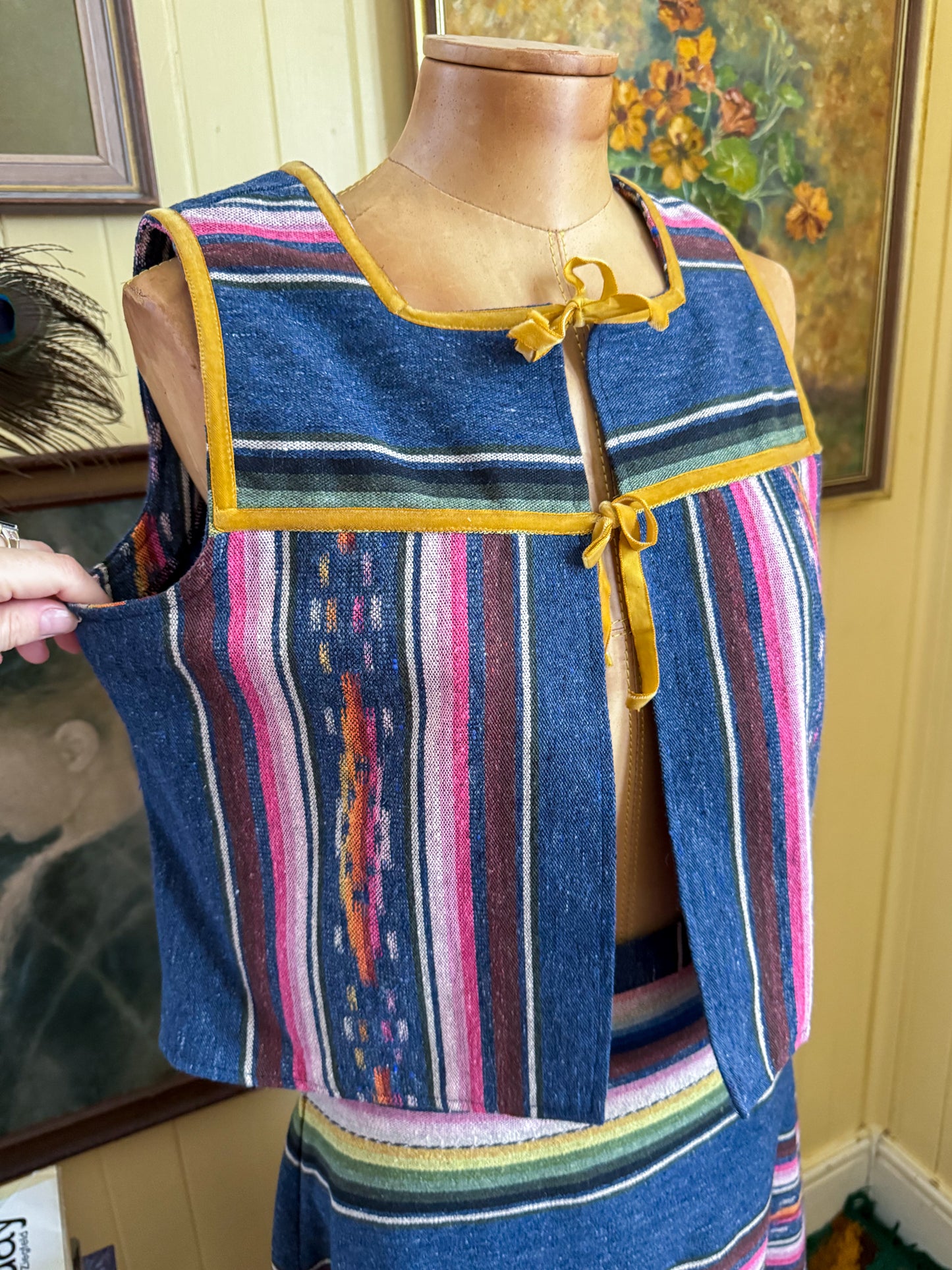 VINTAGE 1970S DANISH KILIM PRINT TWO PIECE TOP + MAXI SKIRT SET S