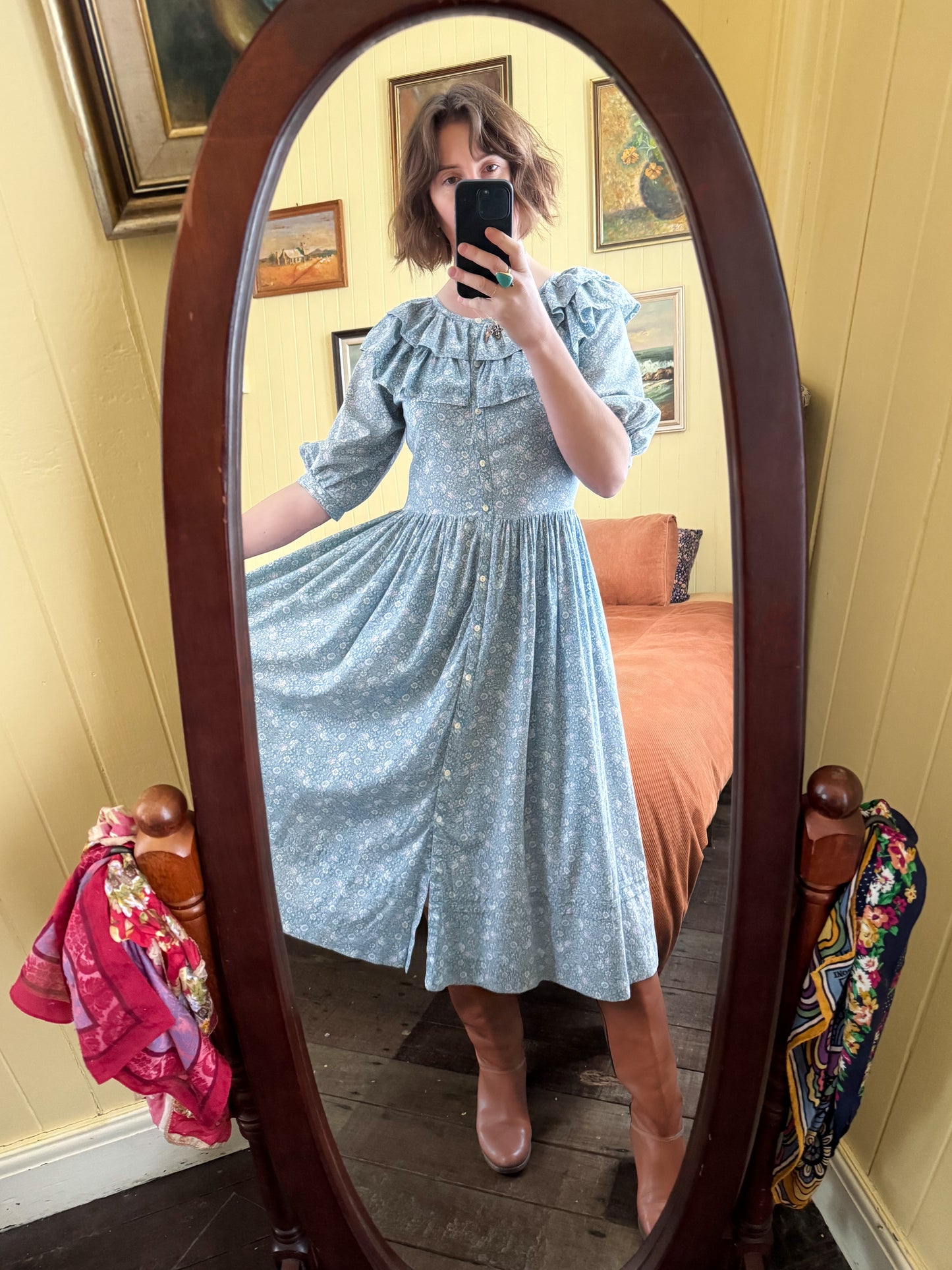 VINTAGE 1980S LAURA ASHLEY CARNO WALES COTTON FLORAL RUFFLE PRAIRIE DRESS M