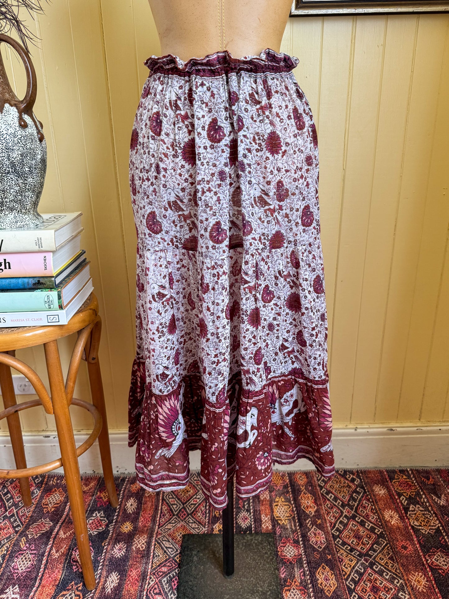 VINTAGE 1970S INDIAN COTTON GAUZE LUREX DRAWSTRING MIDI SKIRT M/L