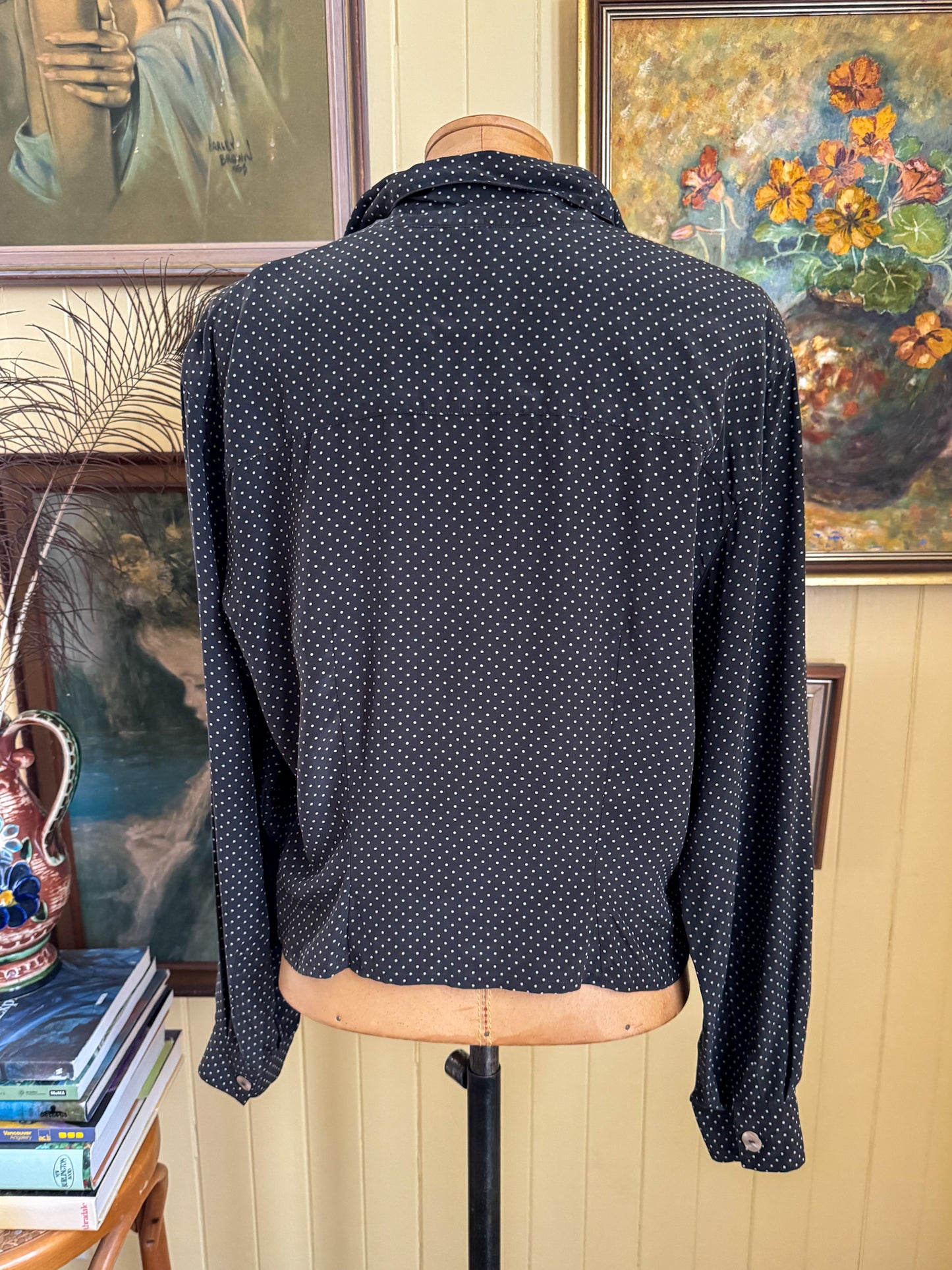 VINTAGE 1990S GERMAN SILK BUTTON THROUGH POLKA DOT BLOUSE M