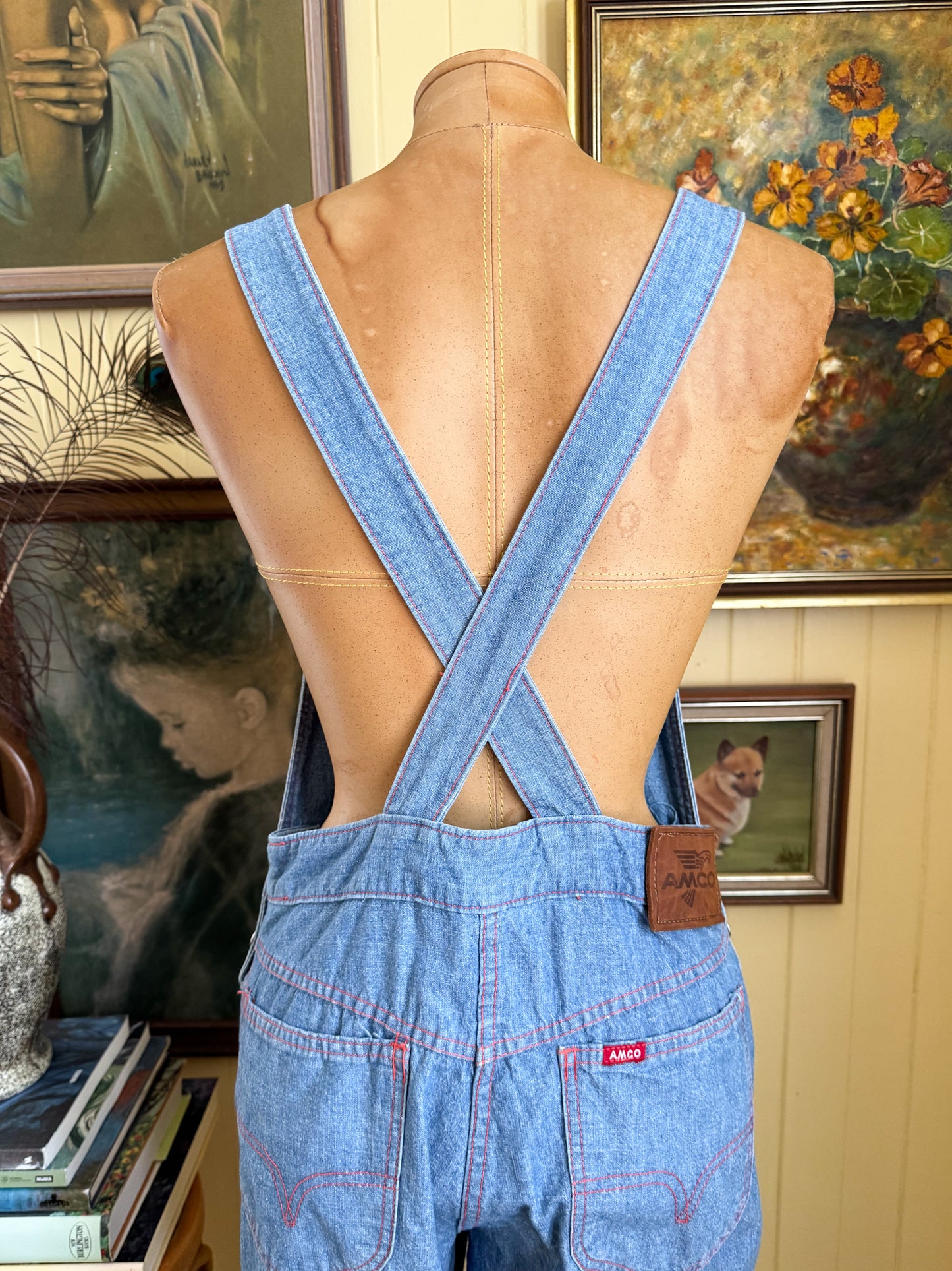 VINTAGE 1970S AMCO COTTON DENIM KICK FLARE DUNGAREES OVERALLS XS/S
